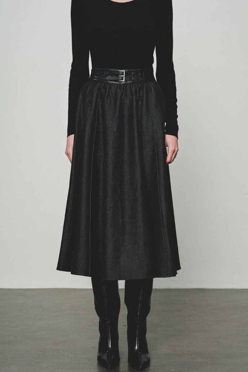 Max Simple Double-Buckle A-Line Skirt Black MSSG262019B