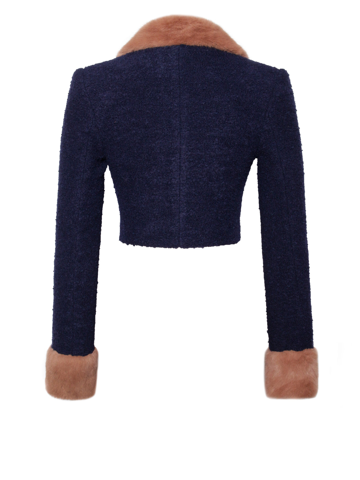Wava Navy Blue Double Breast Fur Trim Cropped Boucle Wool Jacket (Archive Sale)