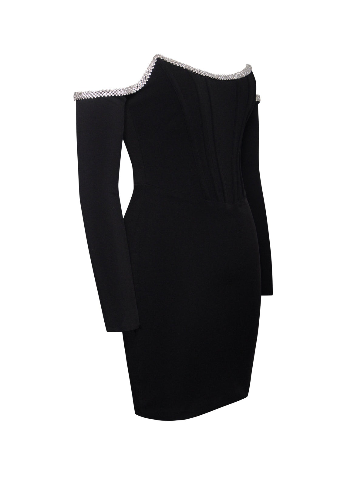 Annika Black Off Shoulder Long Sleeve Corset Dress With Crystal Trim (Archive Sale)