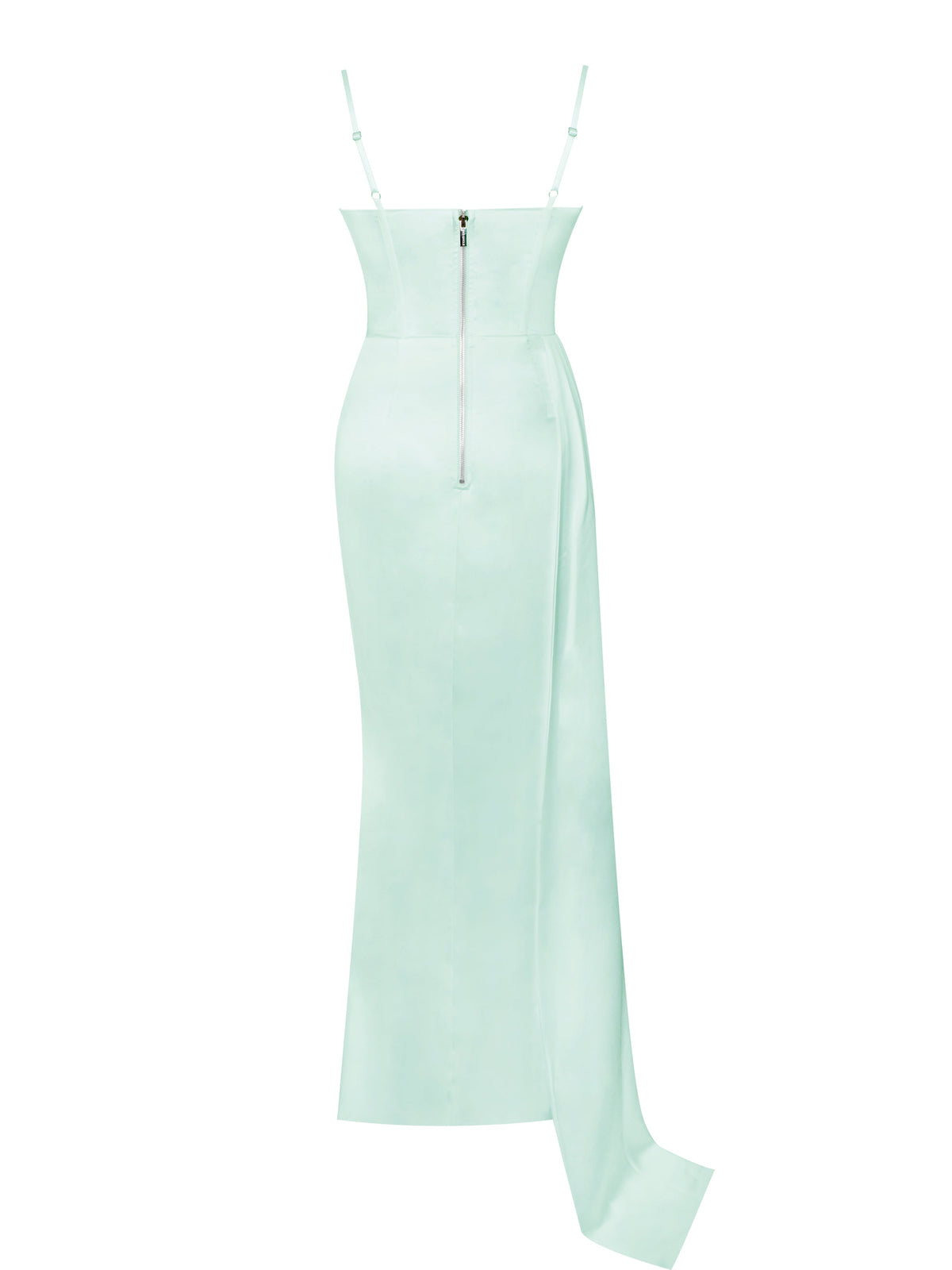 Vanity Mint Satin High Slit Draping Corset Gown With Crystals (Archive Sale)