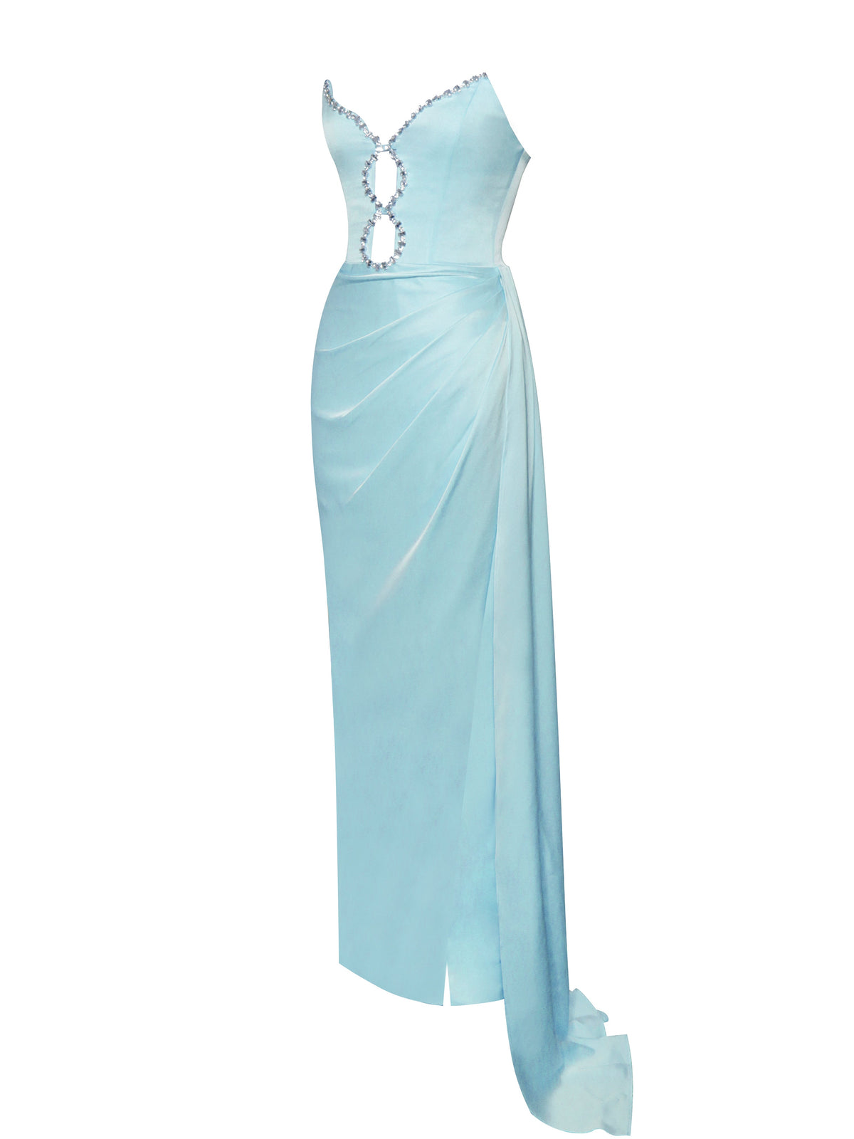 Marilyn Pale Blue Satin Crystal Embellished High Slit Gown (Archive Sale)