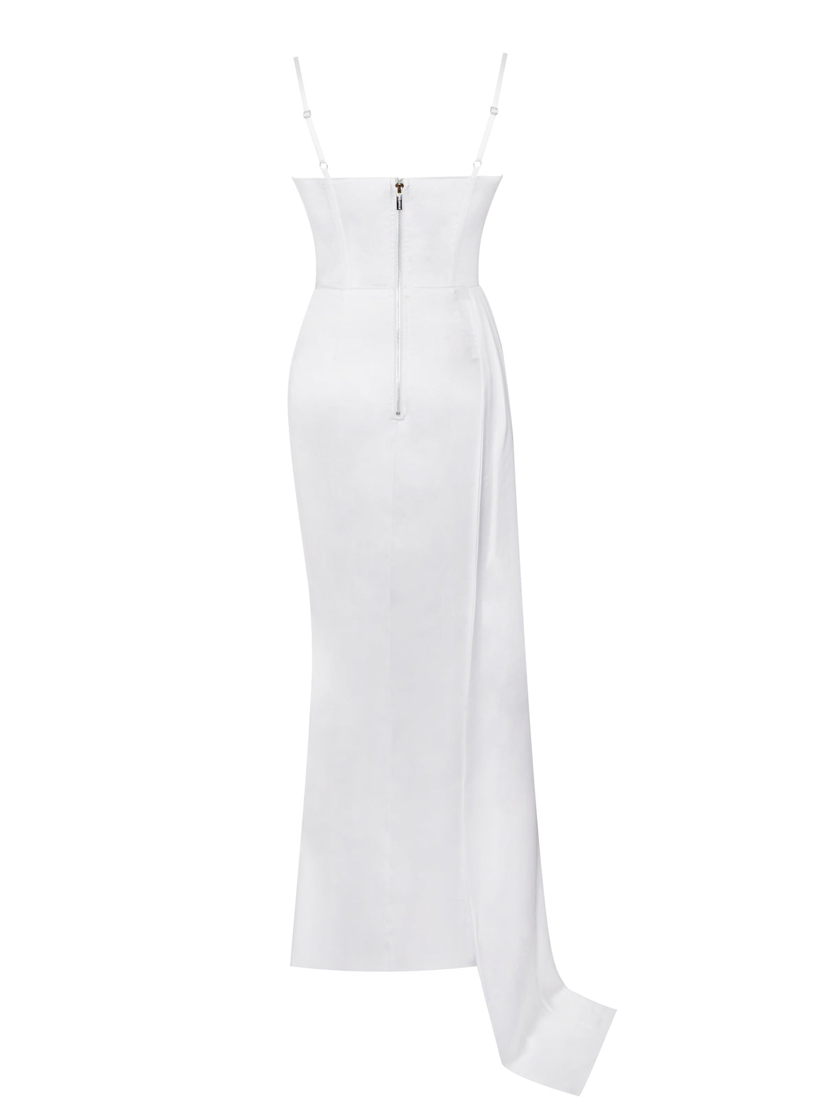 Vanity White Satin High Slit Draping Corset Gown With Crystals (Archive Sale)