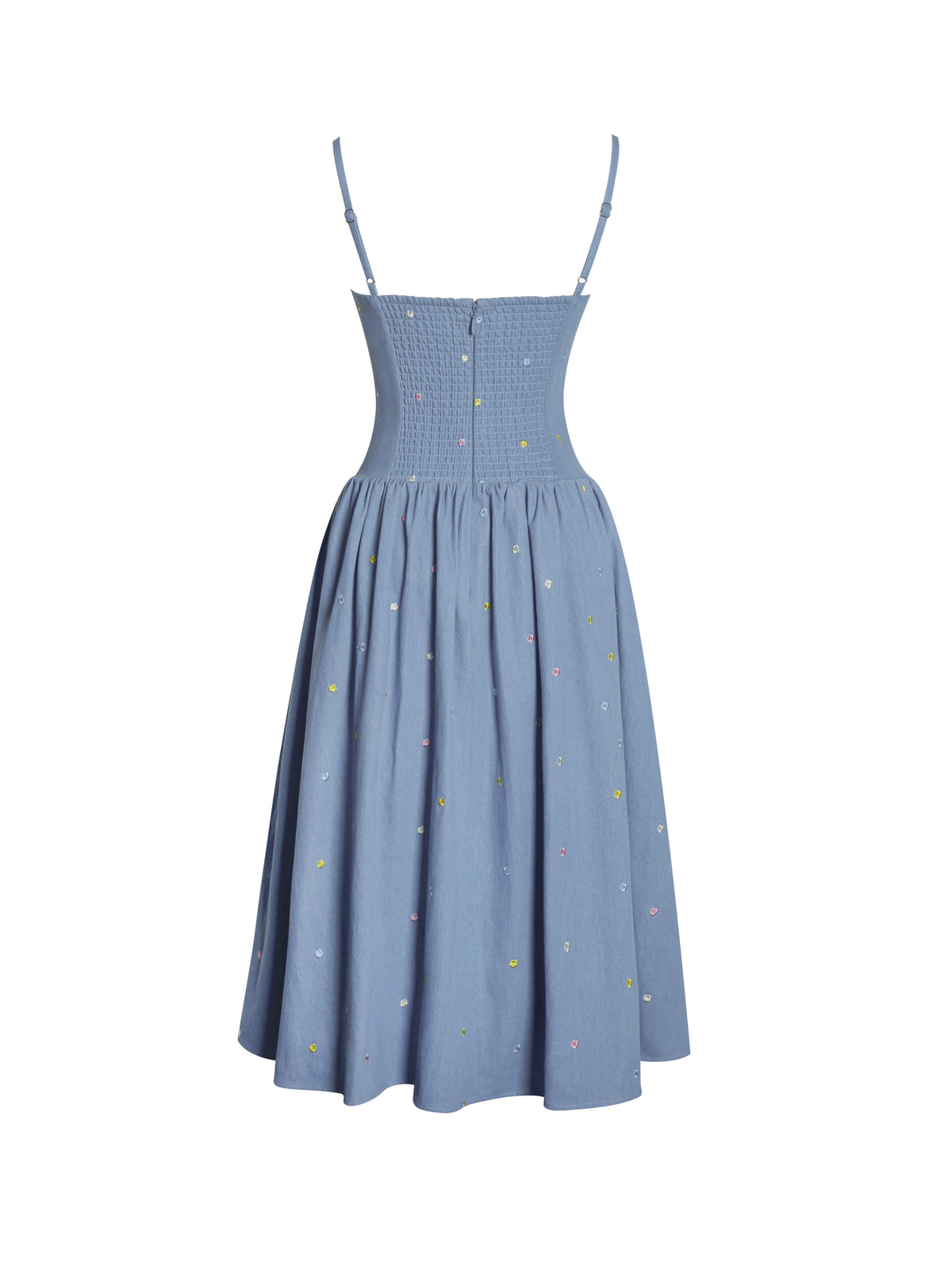 Zadie Cotton Denim Drop Waist Embroidery Flower Midi Dress (Archive Sale)