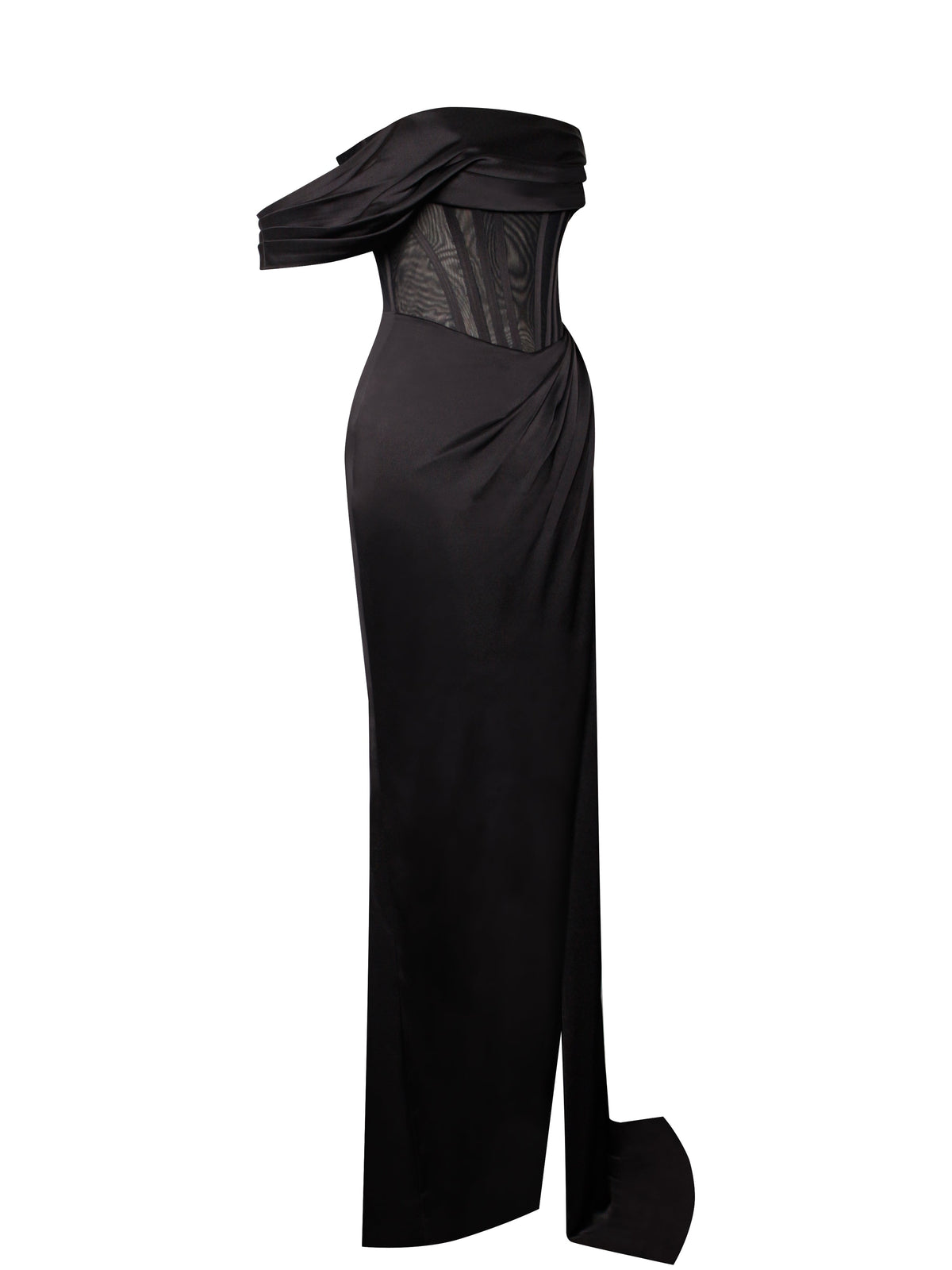 Rebeca Black Satin High Slit Corset Gown (Archive Sale)