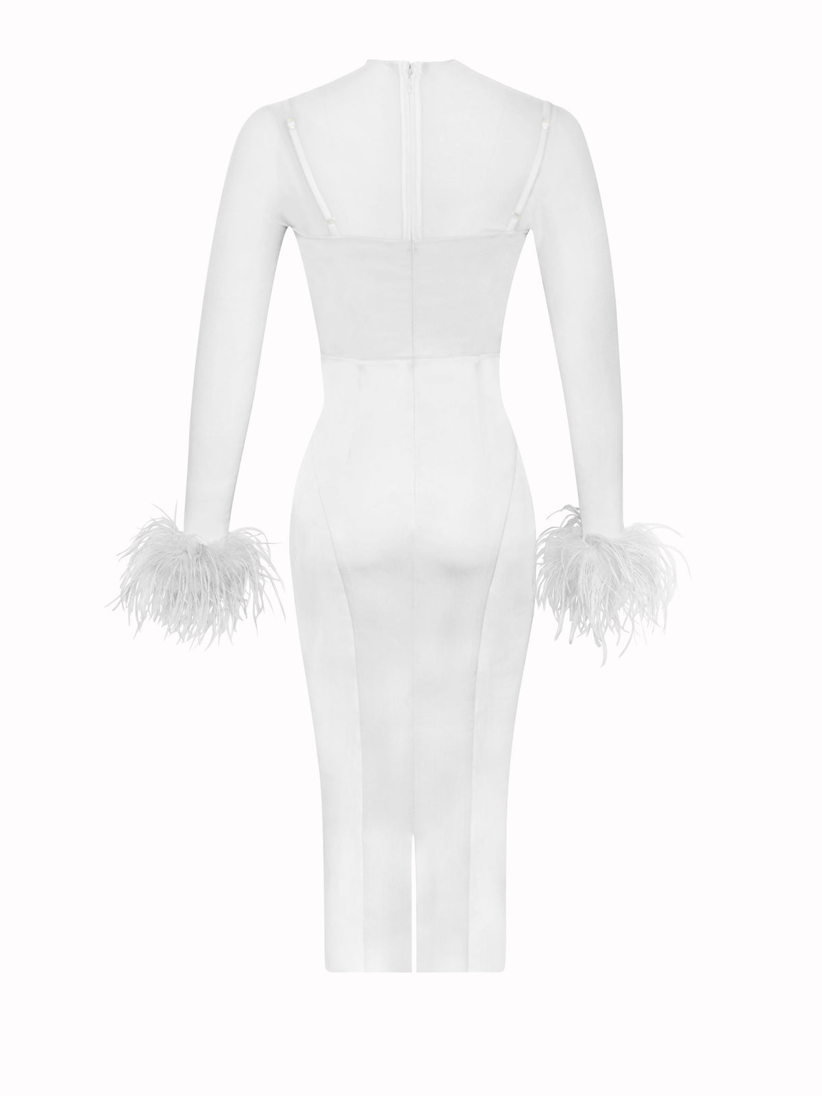 Oaklie White Satin Mesh Sleeve Dress With Feathers (Archive Sale)