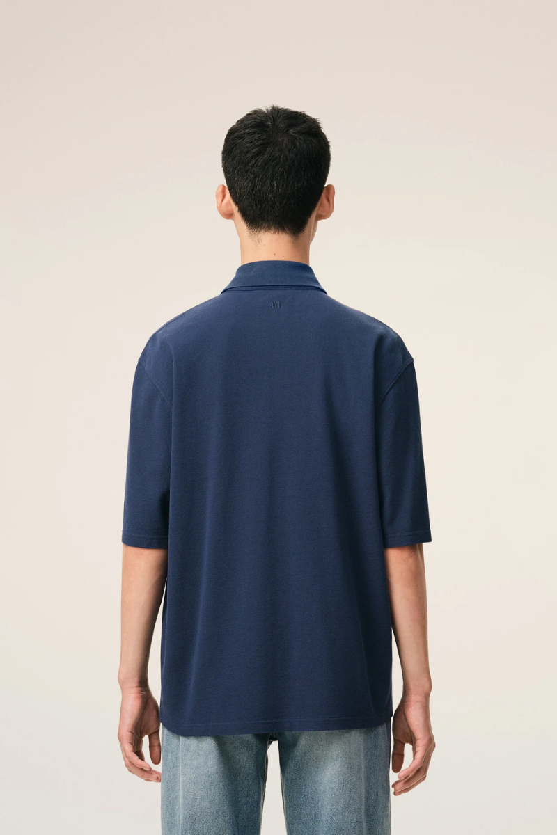Ami Paris De Coeur Super Lightweight Cotton Piqu¨¦ Short Sleeves Polo Shirt-Navy