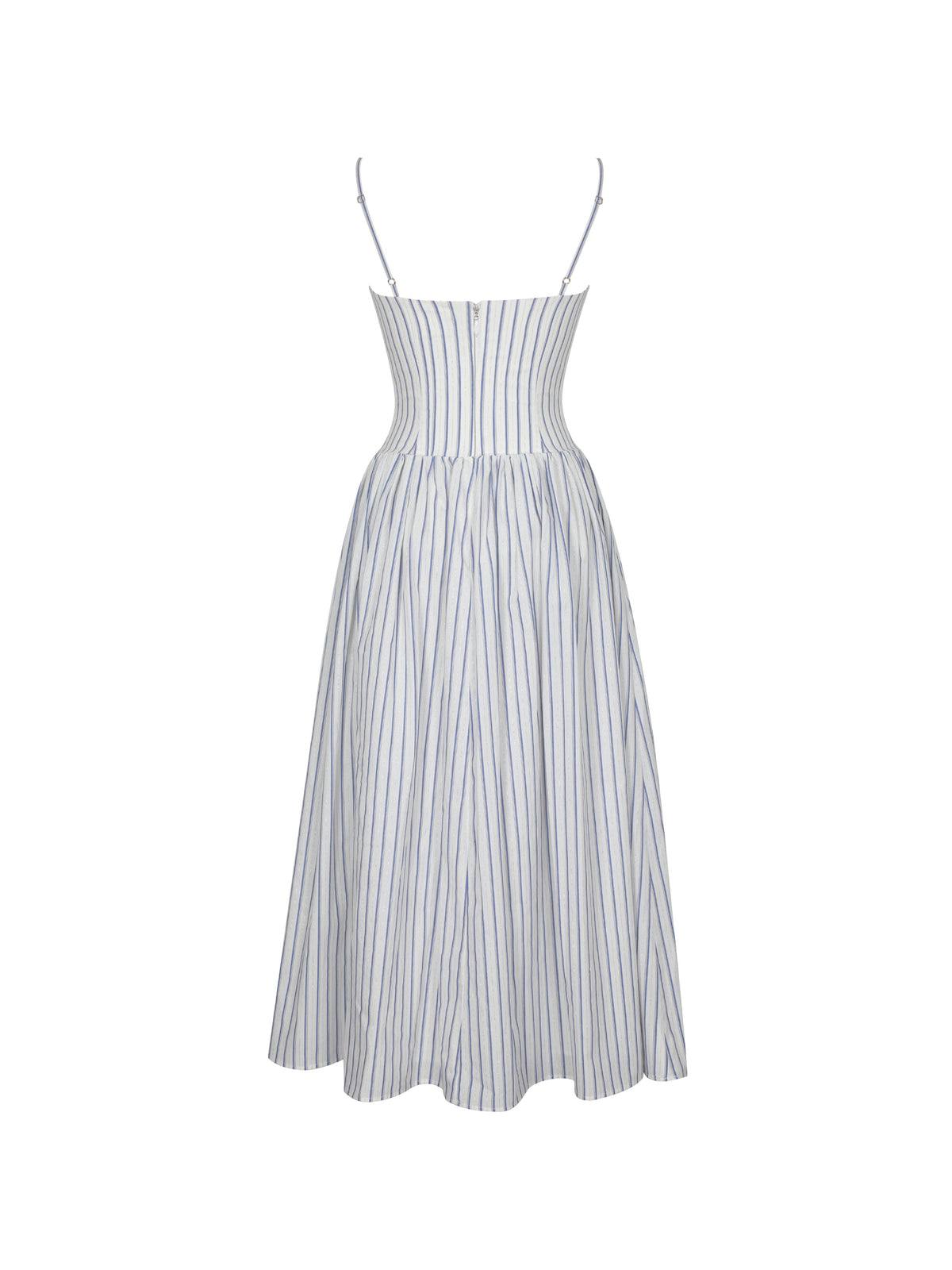 Olea Sky Blue Striped Cotton Poplin Ruched Midi Dress