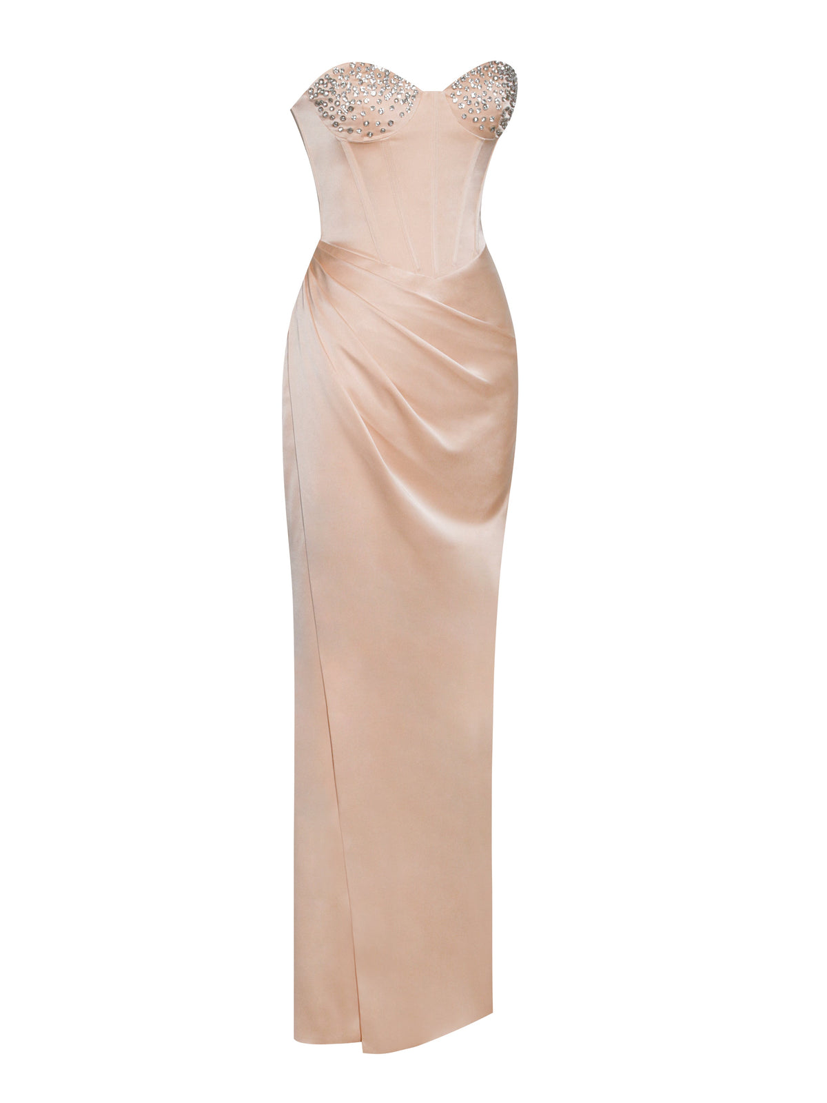 Amelia Blush Satin Corset Slit Gown With Crystal Embellished (Archive Sale)