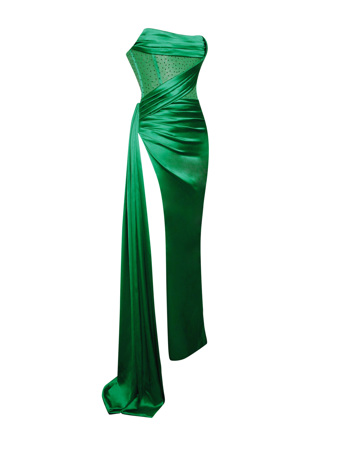 Holly Green Crystallized Corset High Slit Satin Gown (Archive Sale)