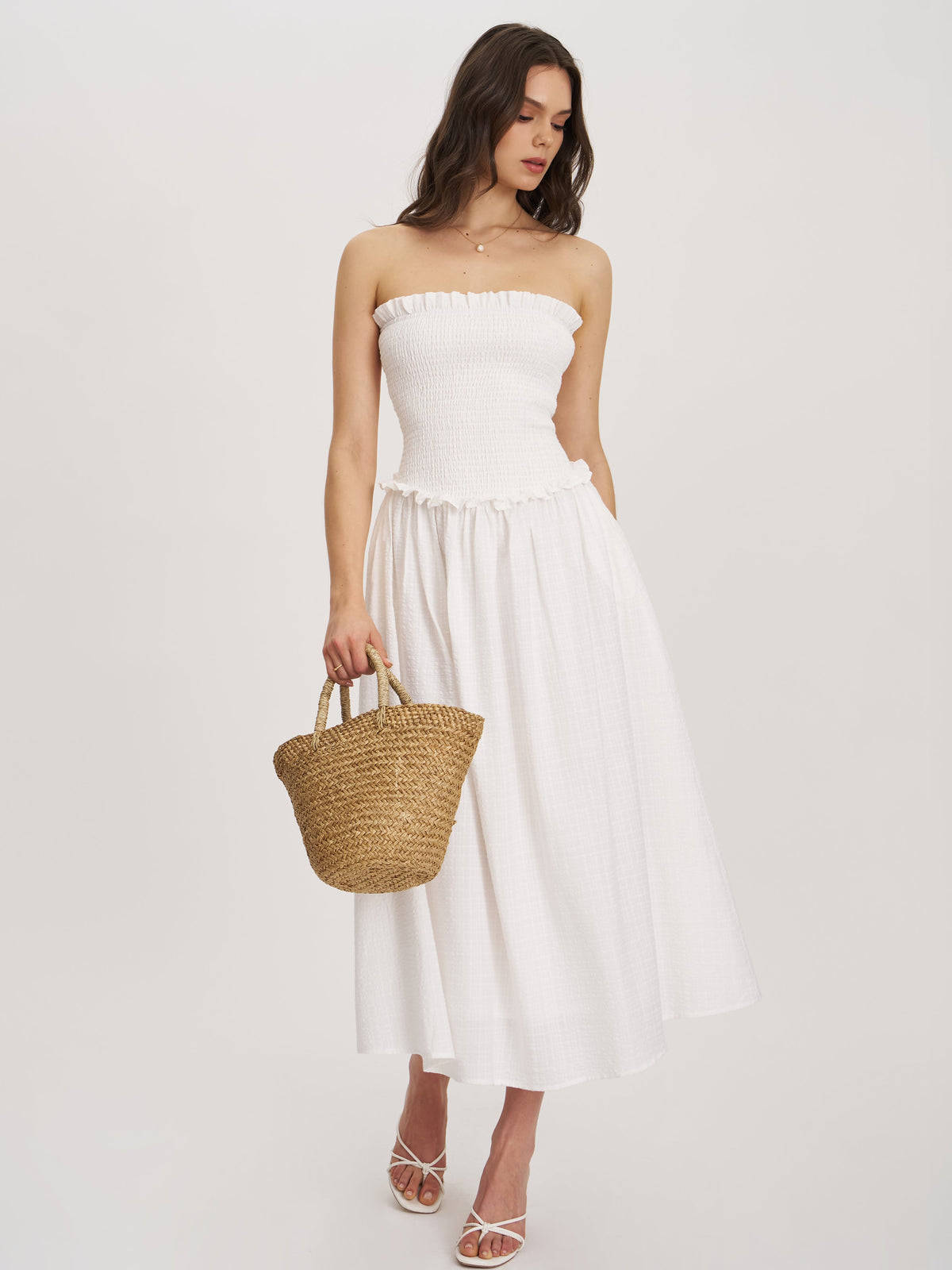 Quadiya White Cotton Seersucker Smocked Strapless Midi Dress