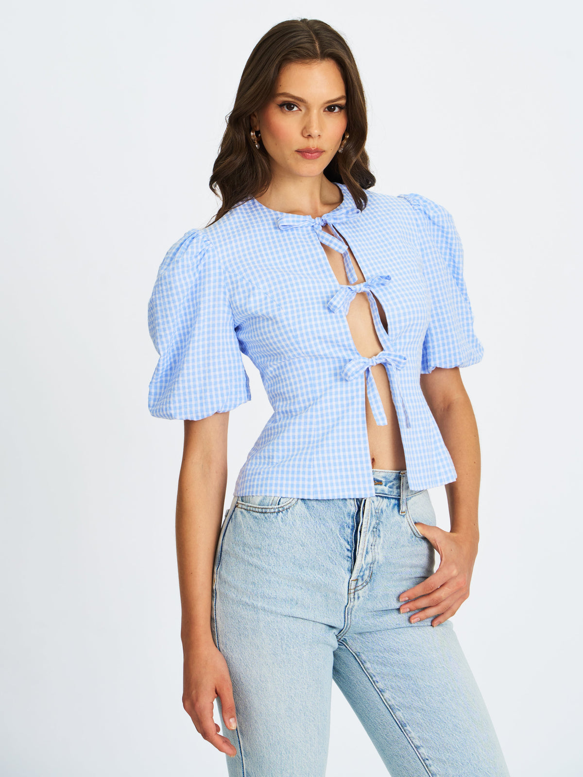 Qusayla Baby Blue Gingham Cotton Bubble Sleeve Bowtie Top