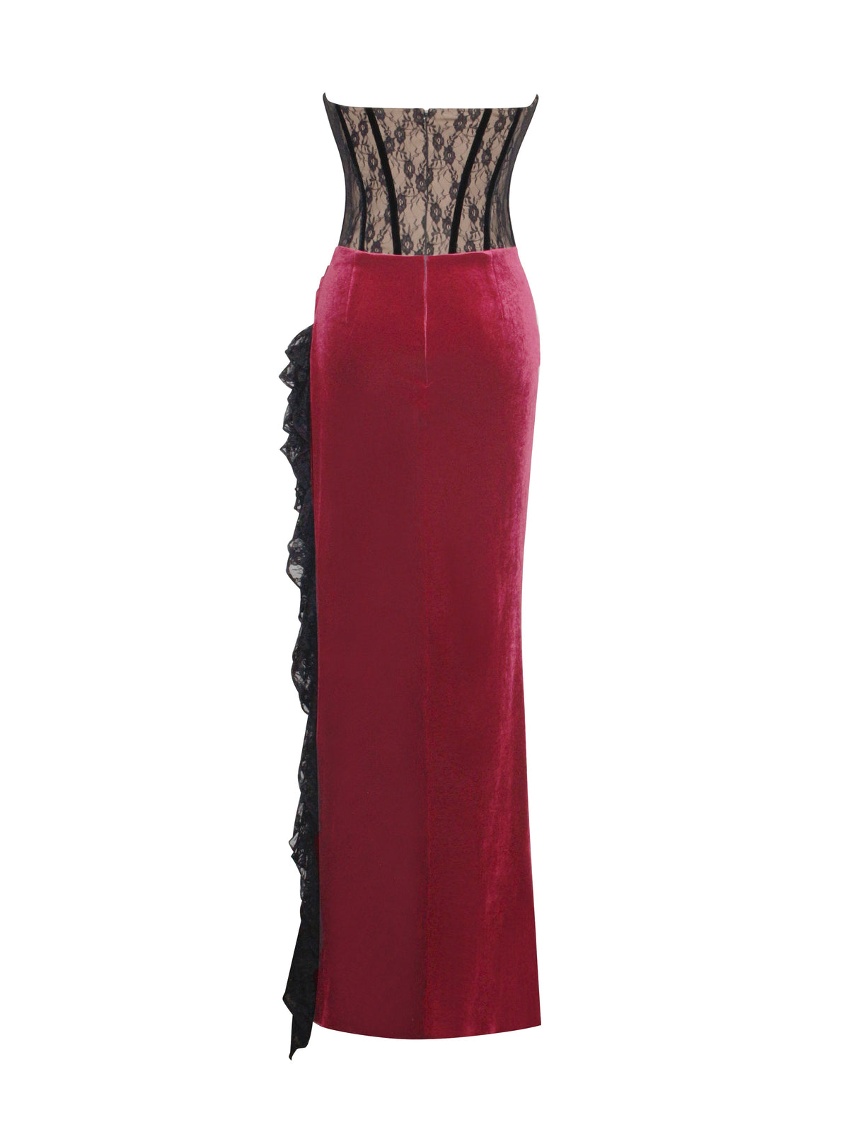 Gaia Burgundy Lace Velvet Corset Side Slit Dress (Archive Sale)