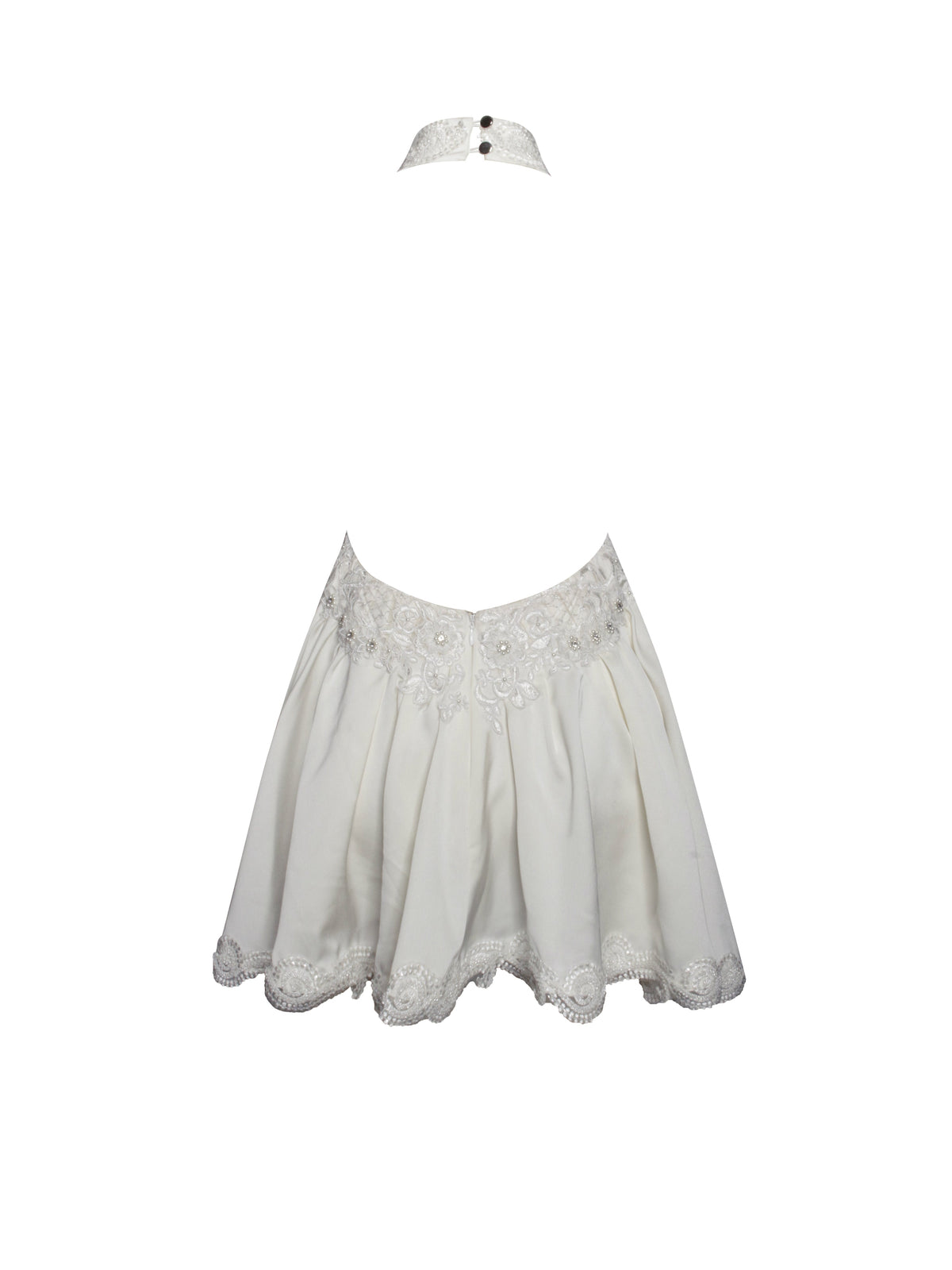 Idalia Pearl White Beaded Lace Trim Backless Halter Mini Dress
