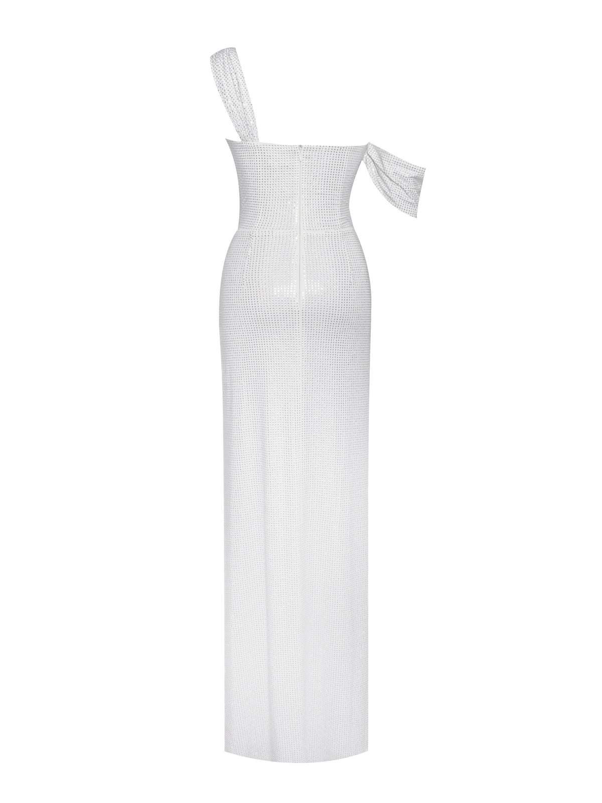 Paget White Mesh Rhinestone Embellished High Slit Gown (Archive Sale)