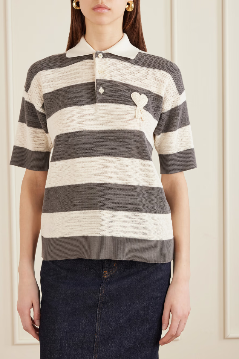 Ami Paris Polo Stripped Cotton Knit Grey