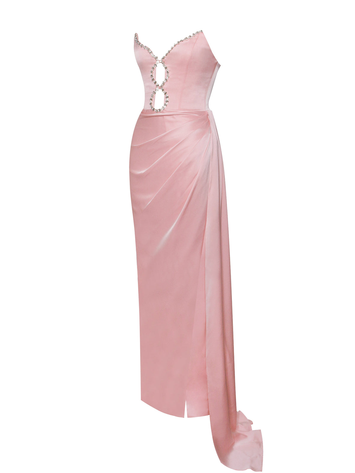 Marilyn Pink Satin Crystal Embellished High Slit Gown (Archive Sale)