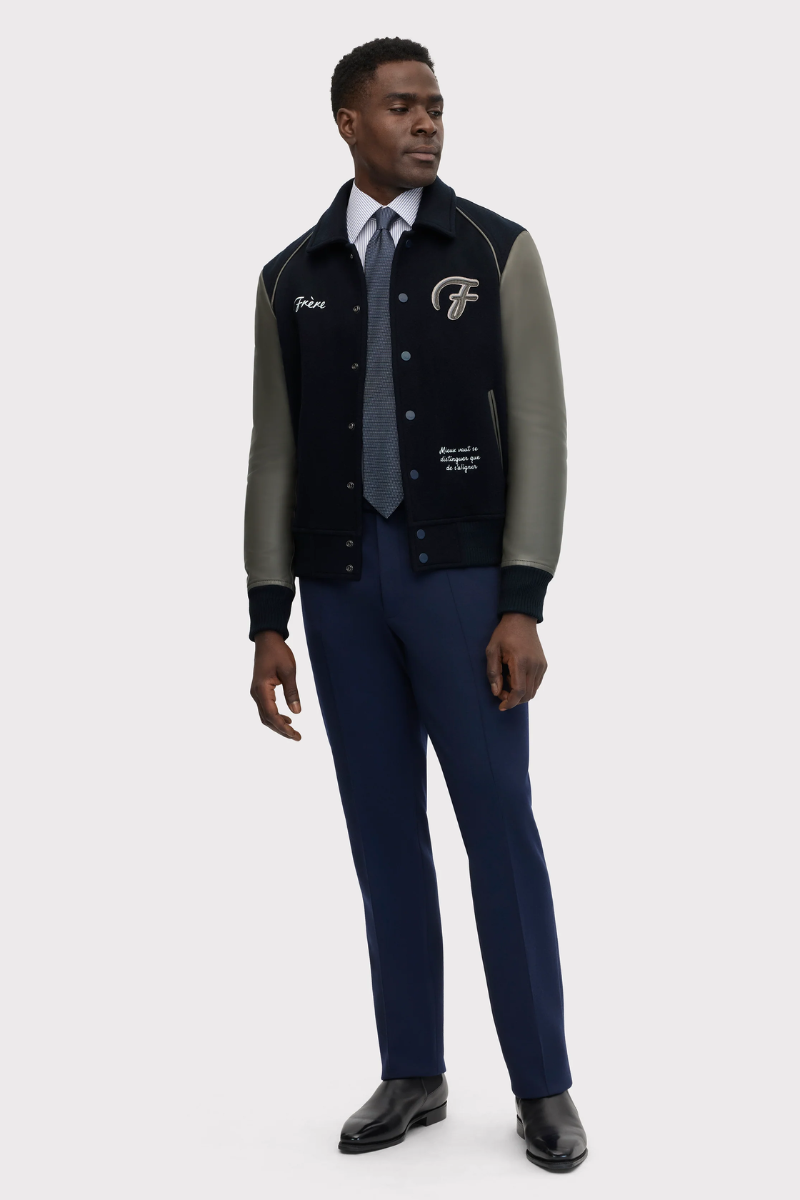 Frere Navy & Grey Hibiscus Varsity Cashmere & Leather Jacket