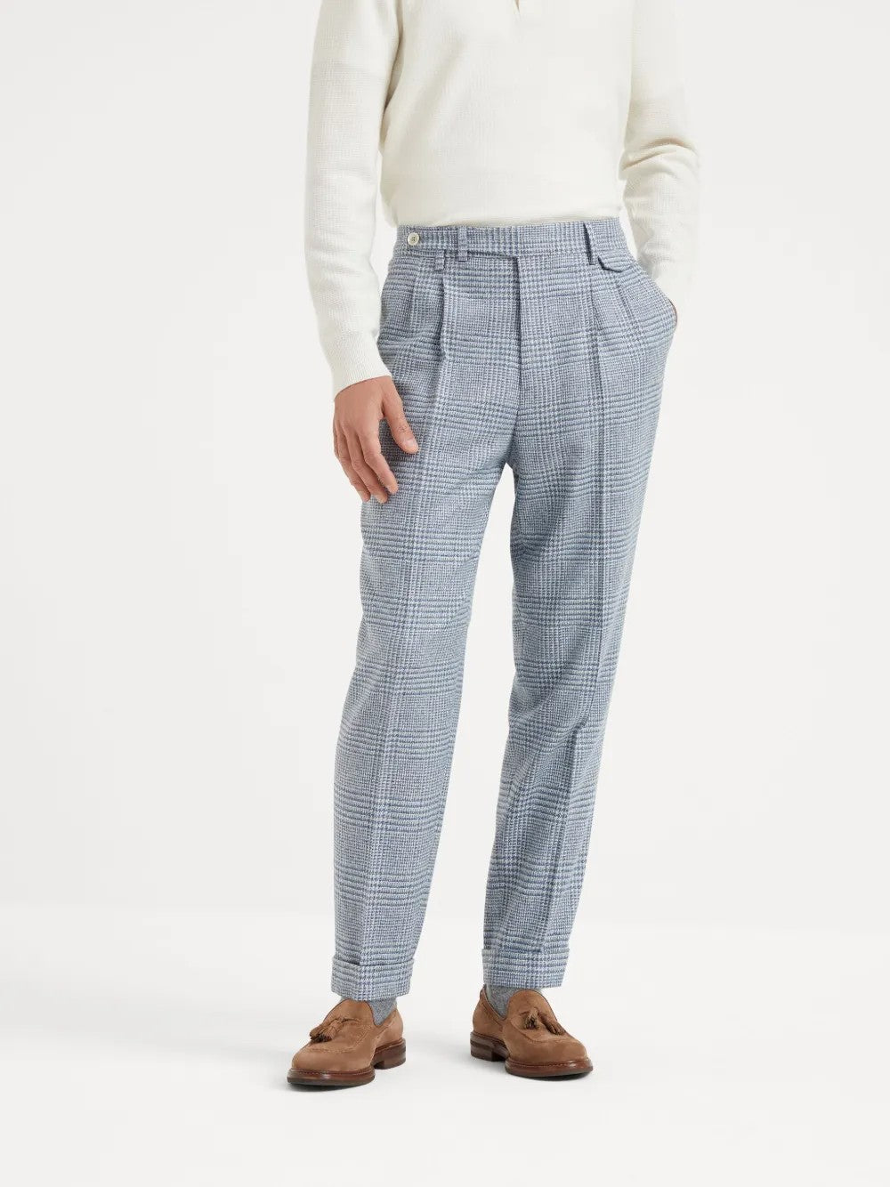 BRUNELLO CUCINELLI MEN'S CELESTE WOOL SILK PLAID TROUSERS
