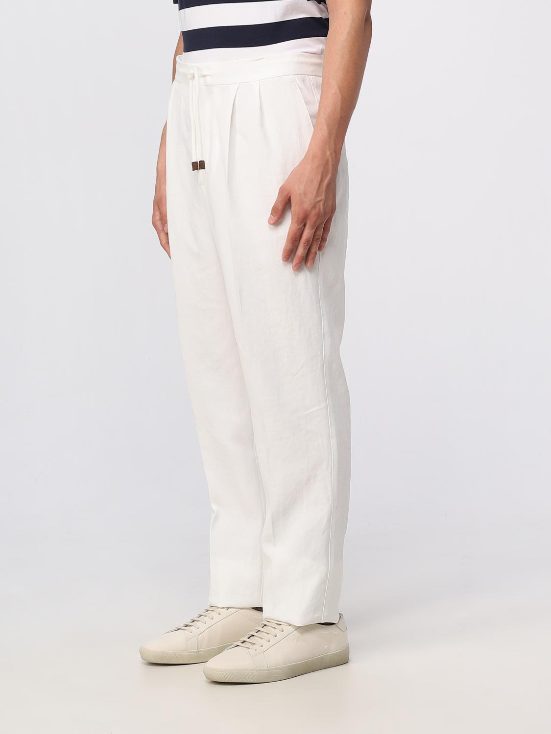 BRUNELLO CUCINELLI MEN'S WHITE DRAWSTRING LINEN TROUSERS