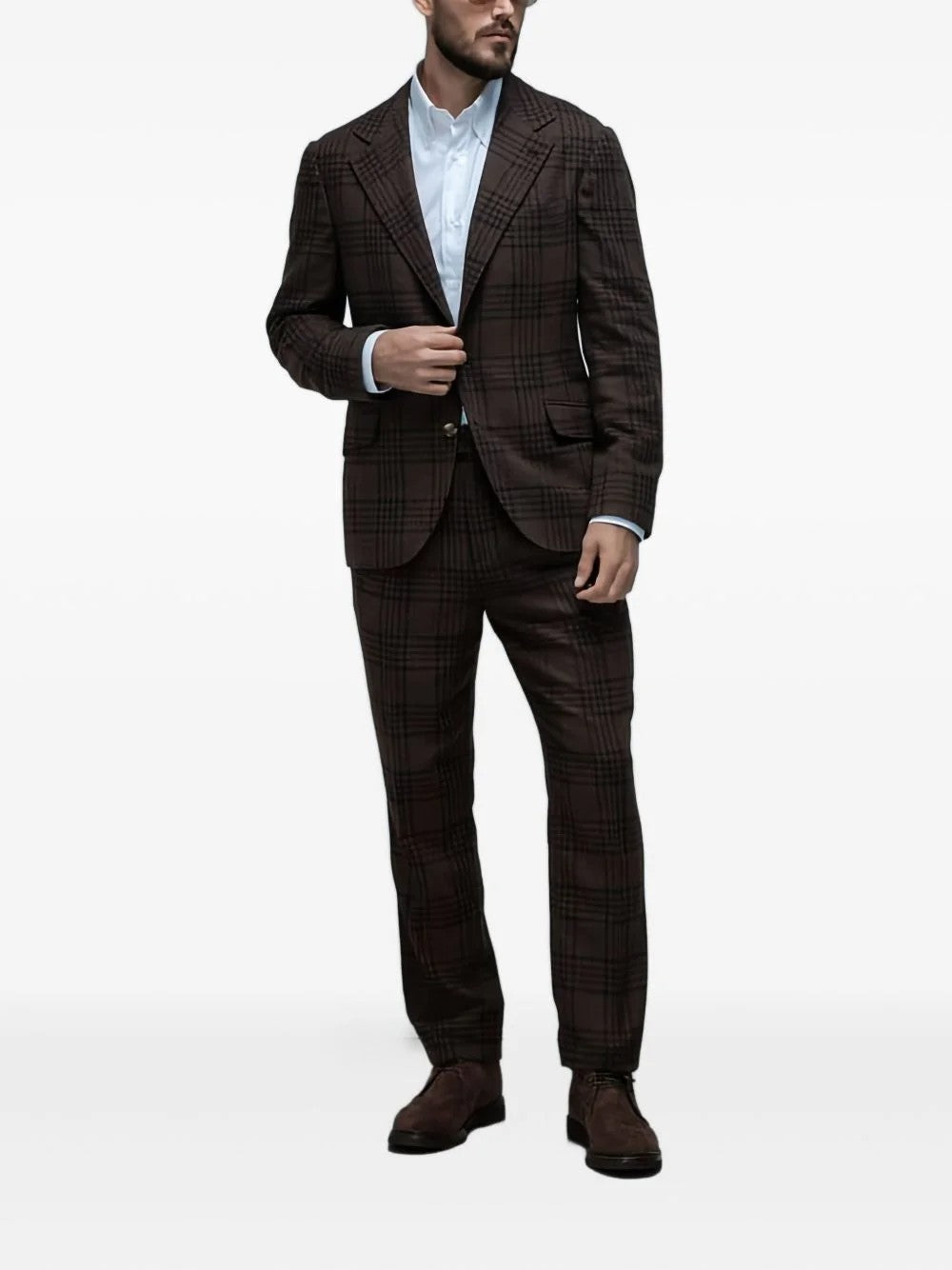 BRUNELLO CUCINELLI MEN'S BROWN PLAID WOOL SILK SUIT