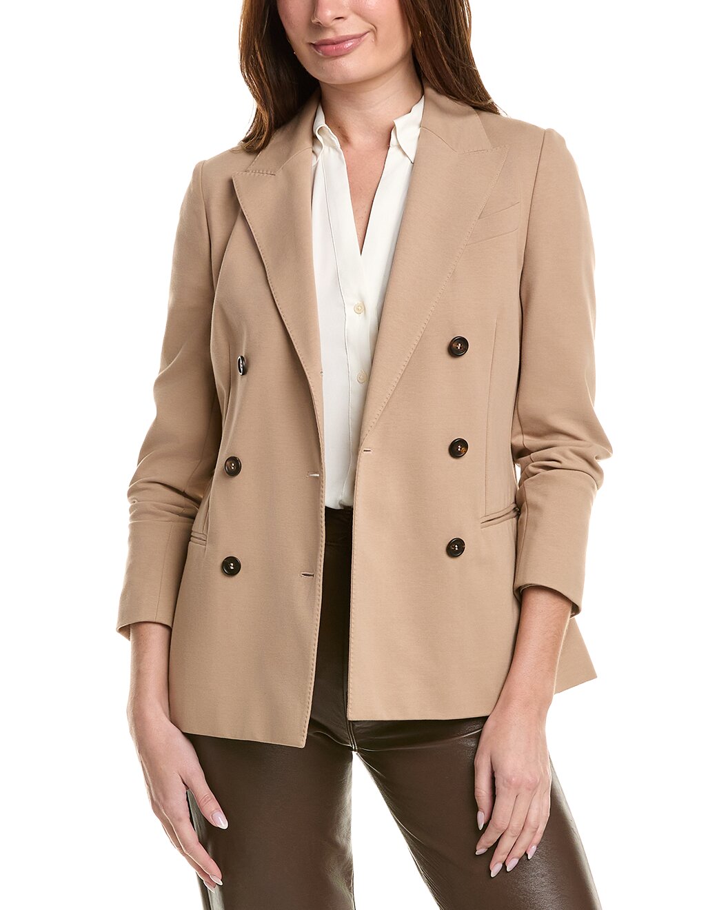BRUNELLO CUCINELLI WOMEN'S ALMOND DOUBLE-BREASTED DECONSTRUCTED BLAZER