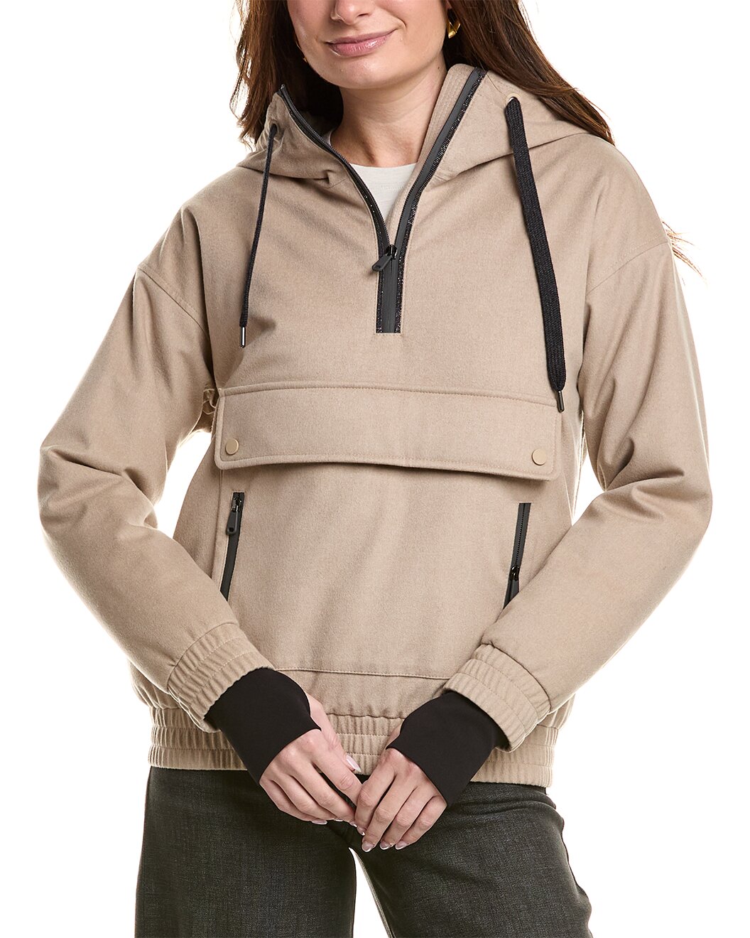 BRUNELLO CUCINELLI WOMEN'S BEIGE HOODED PULLOVER JACKET
