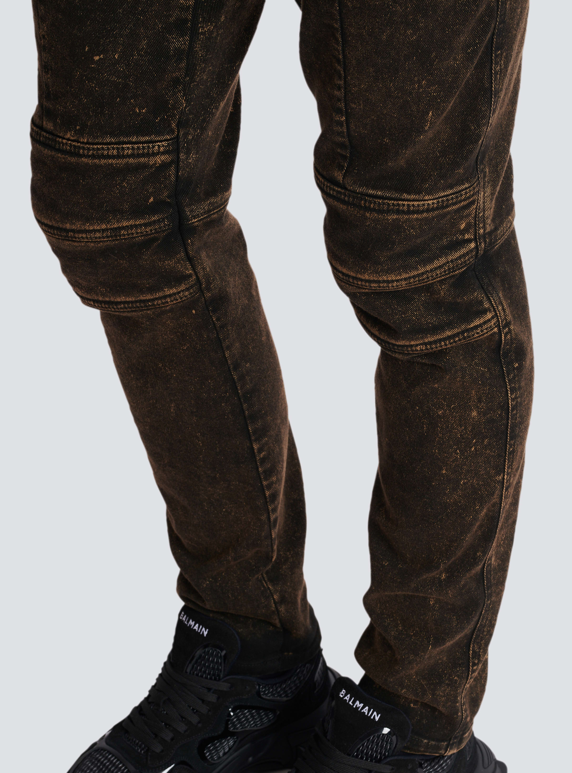 BALMAIN MEN'S ZIPPED BELT DARK BROWN DENIM PANTS NWT