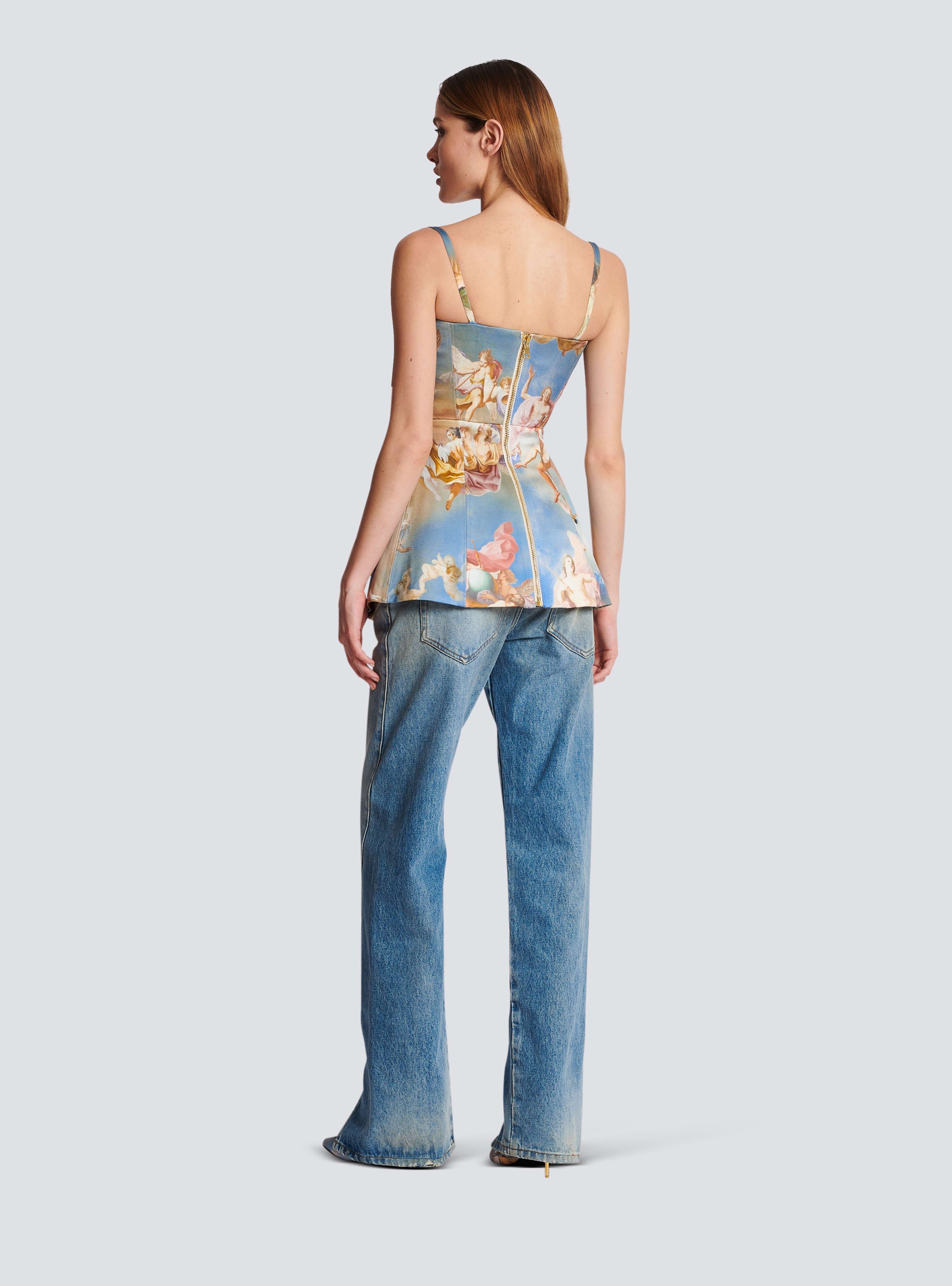 BALMAIN WOMEN'S STRAP TAILORED SKY PRINTED SATIN TOP NWT