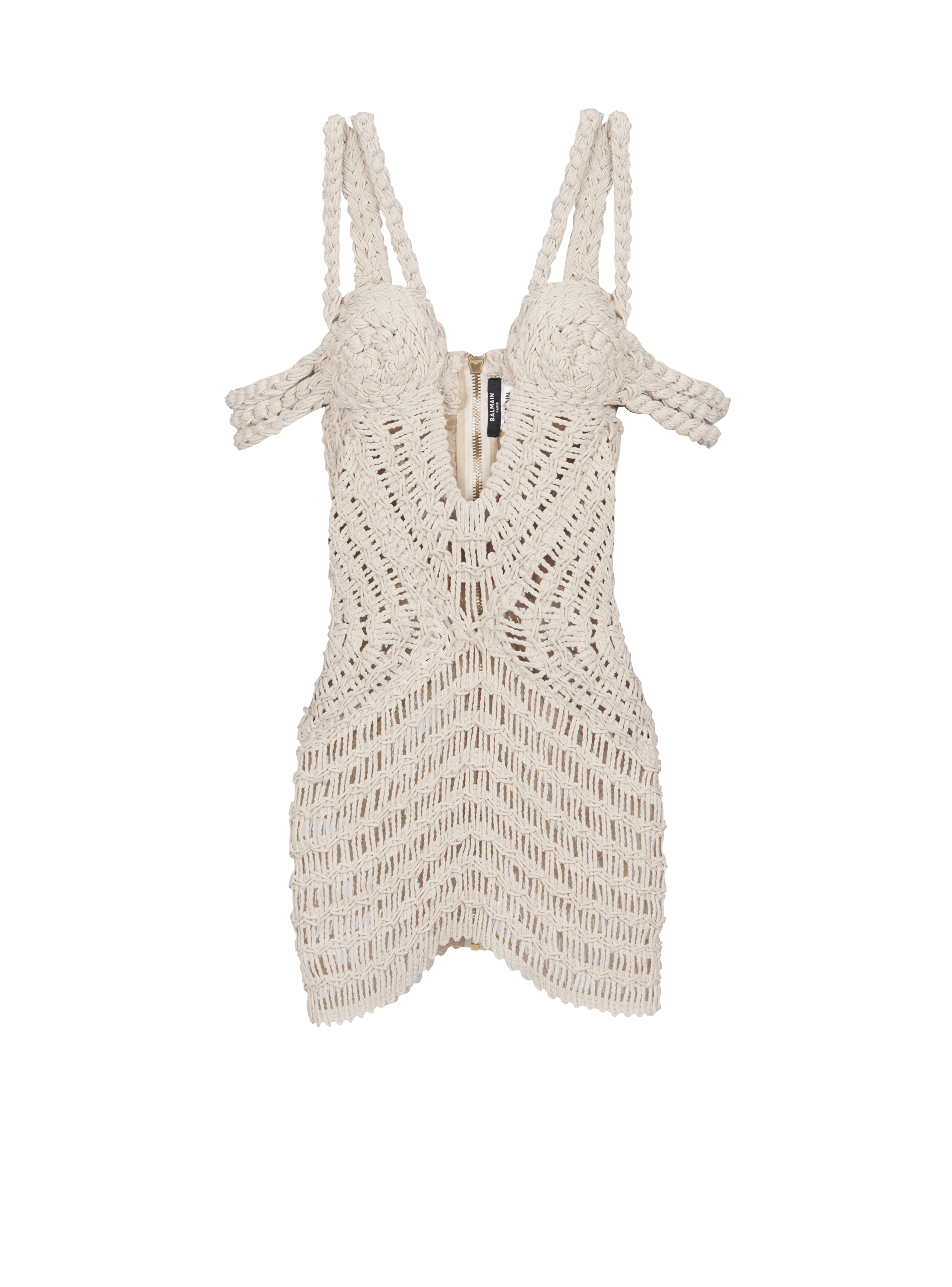 BALMAIN WOMEN'S OFF SHOULDER MACRAME KNIT DRESS NWT