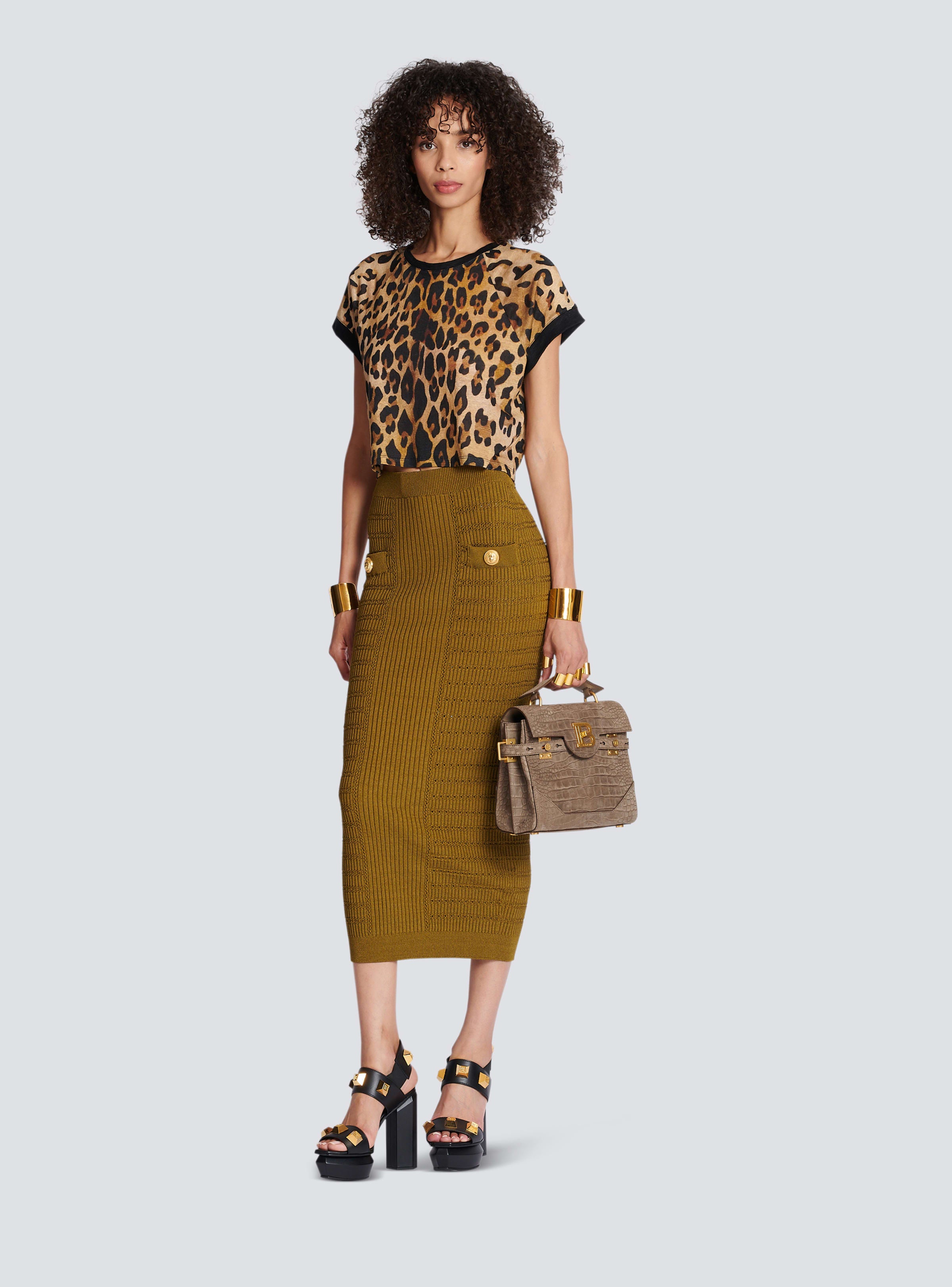 BALMAIN WOMEN'S LEOPARD PRINTED LINEN JERSEY CROPPED TS NWT