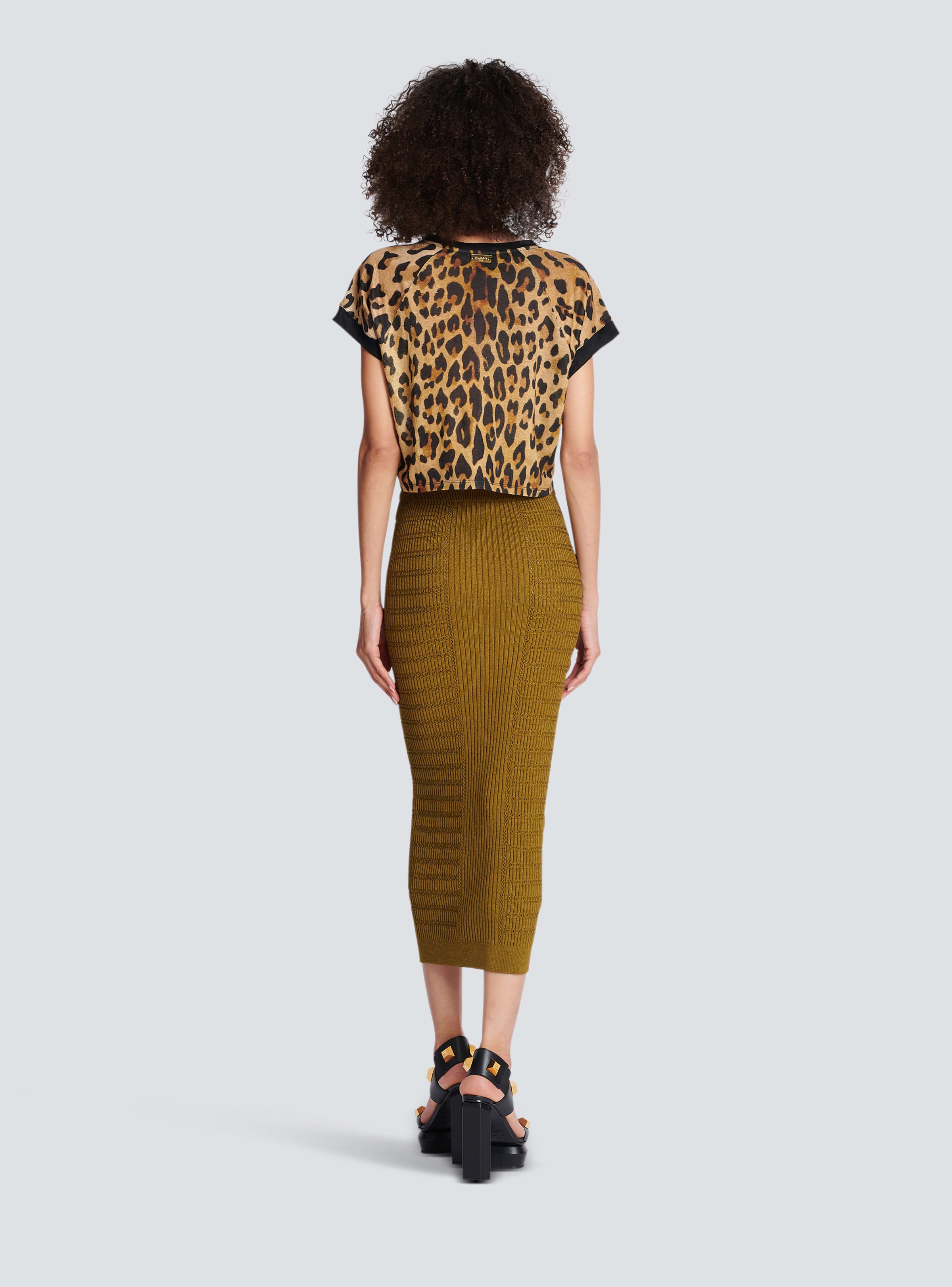 BALMAIN WOMEN'S LEOPARD PRINTED LINEN JERSEY CROPPED TS NWT