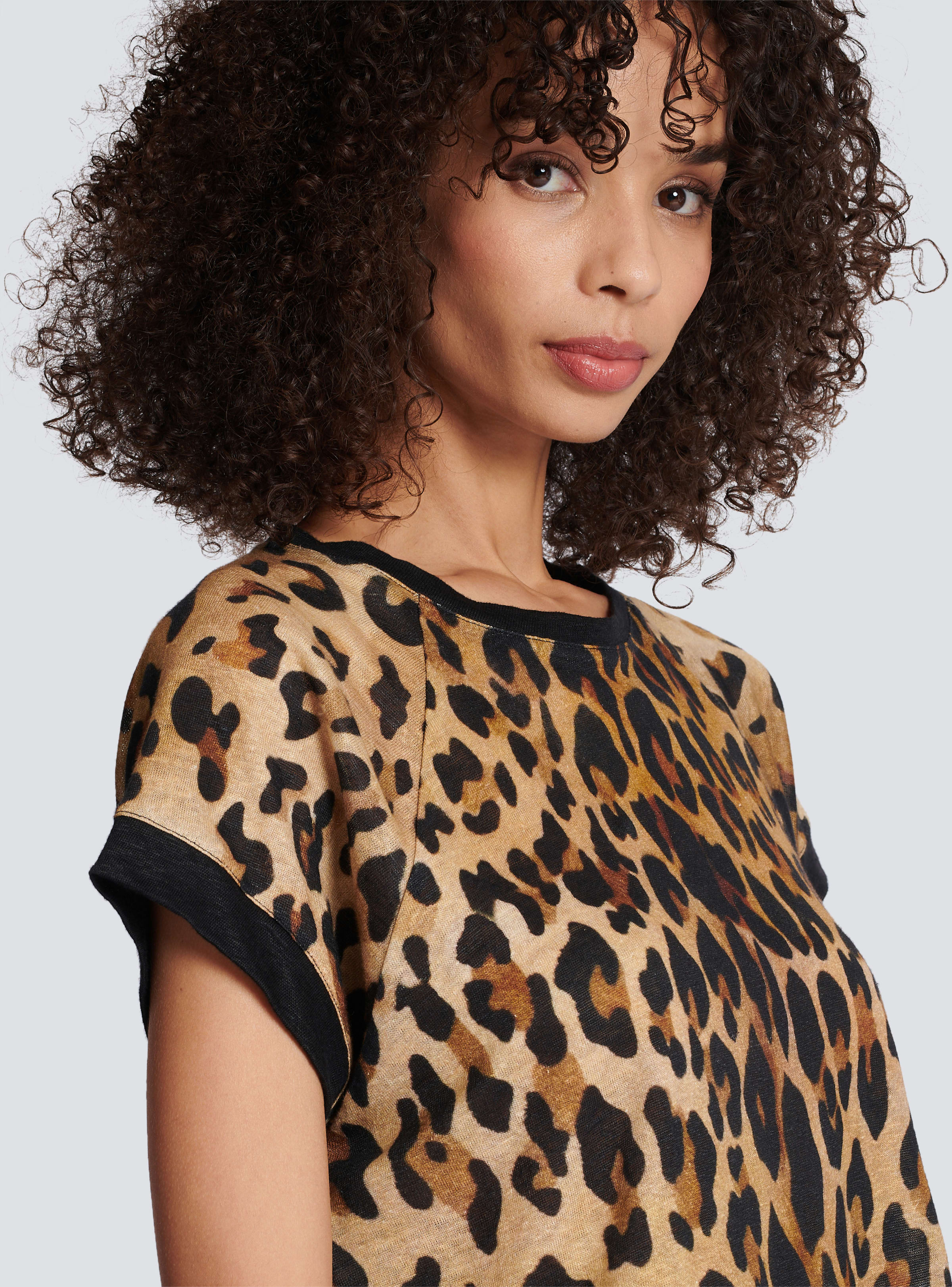BALMAIN WOMEN'S LEOPARD PRINTED LINEN JERSEY CROPPED TS NWT
