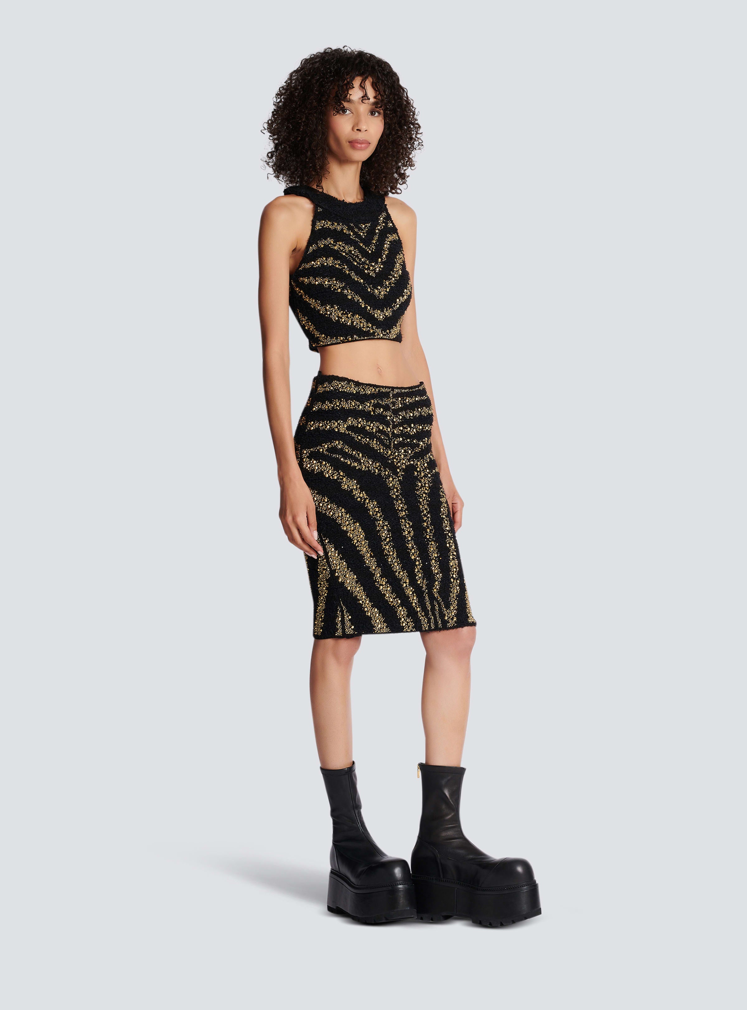 BALMAIN WOMEN'S HW ZEBRA TWEED KNEE SKIRT NWT