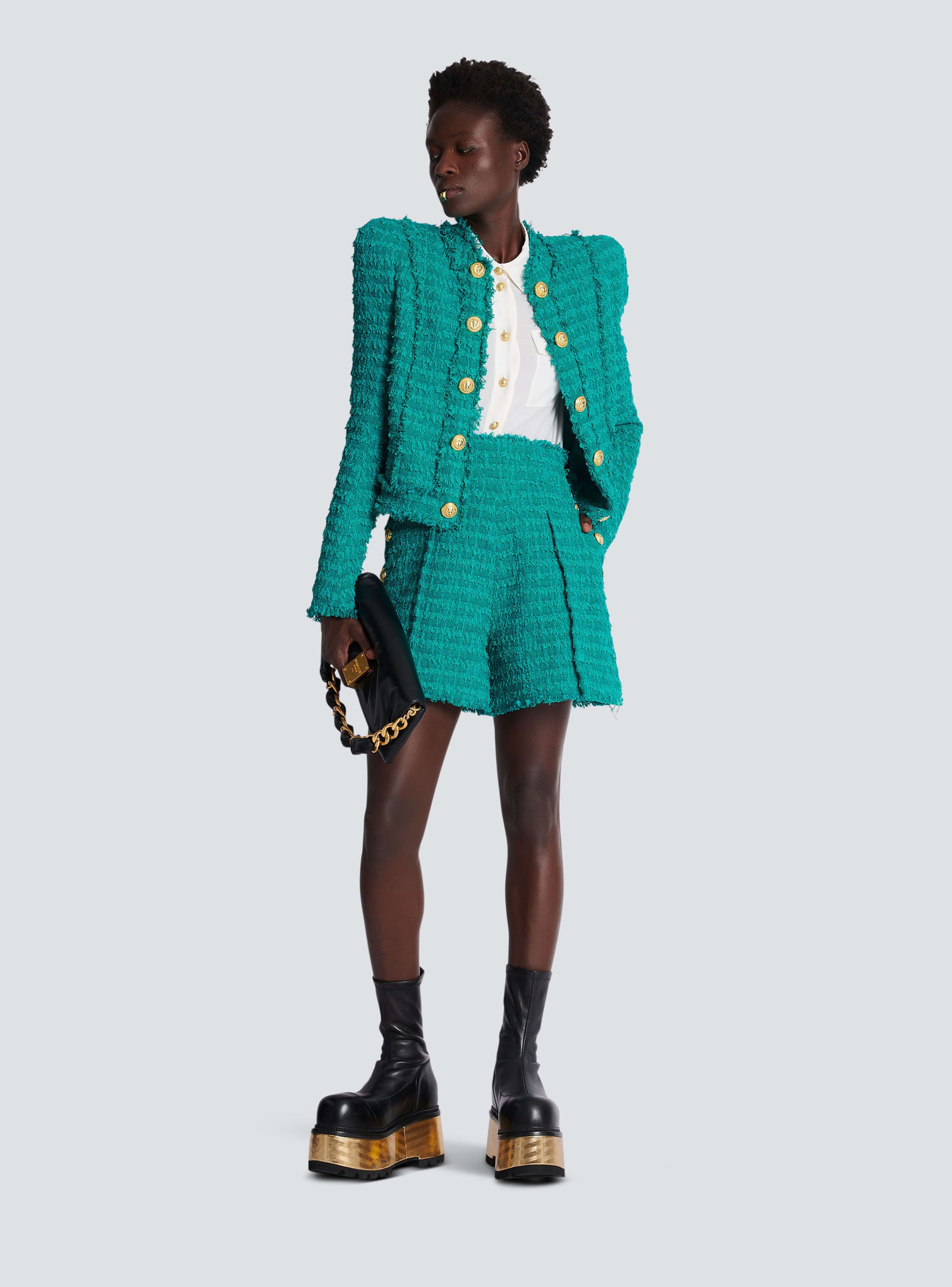 BALMAIN WOMEN'S HW 6 BTN TWEED SHORTS NWT