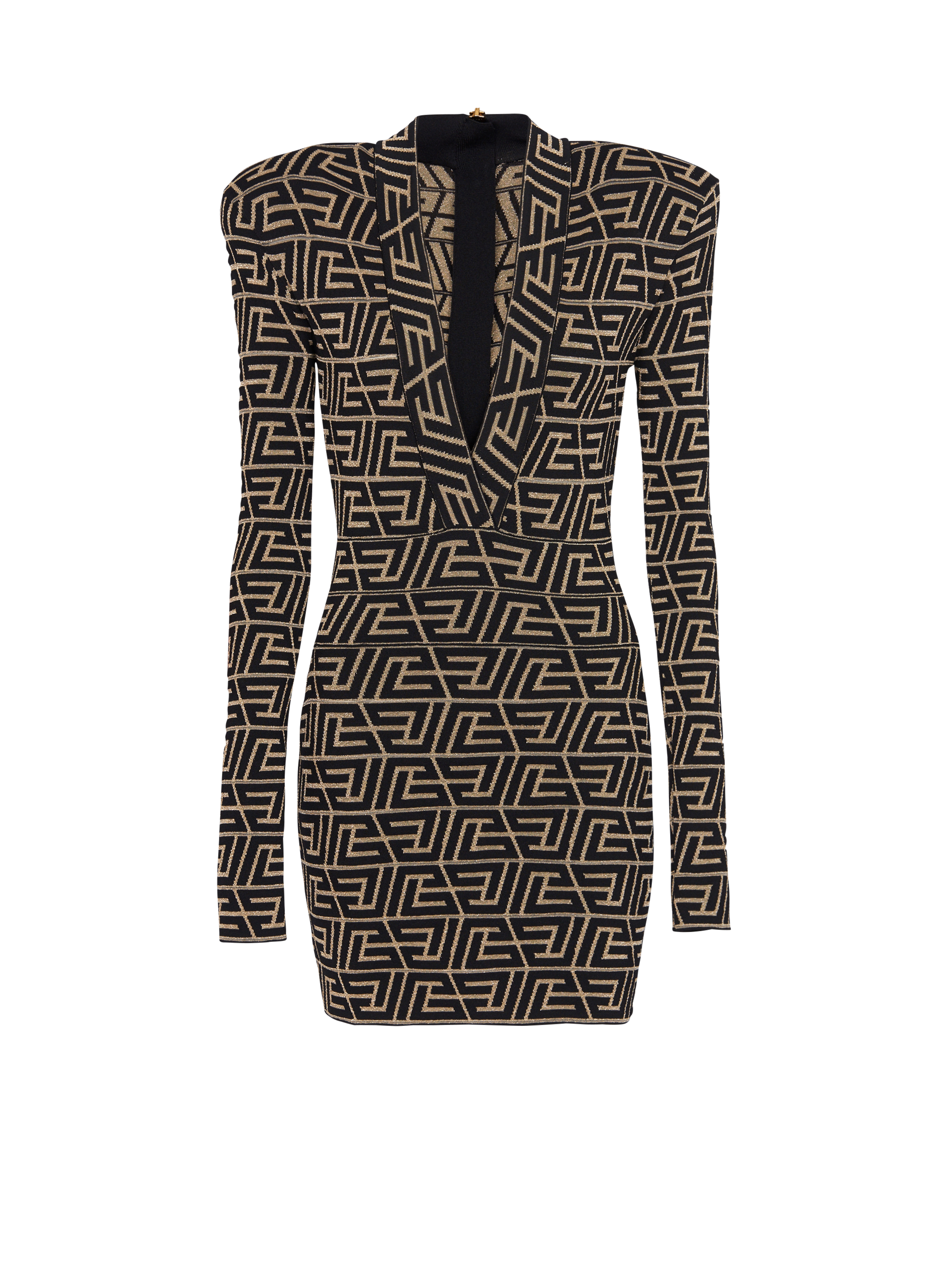 BALMAIN WOMEN'S LS V NECK PYRAMIDE PB KNIT SHORT DRESS NWT