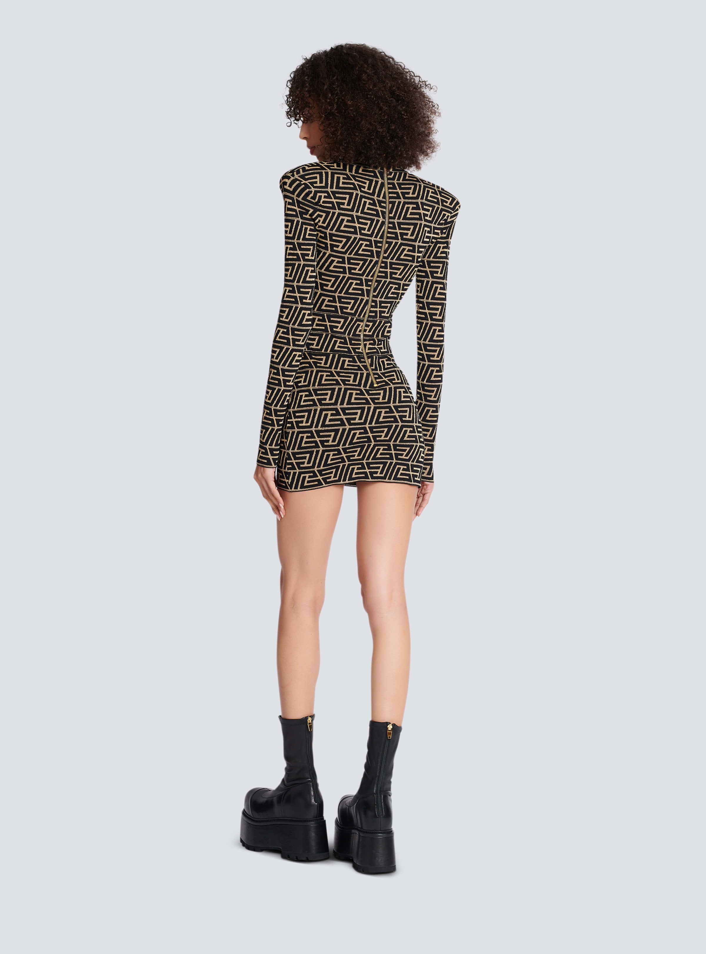 BALMAIN WOMEN'S LS V NECK PYRAMIDE PB KNIT SHORT DRESS NWT
