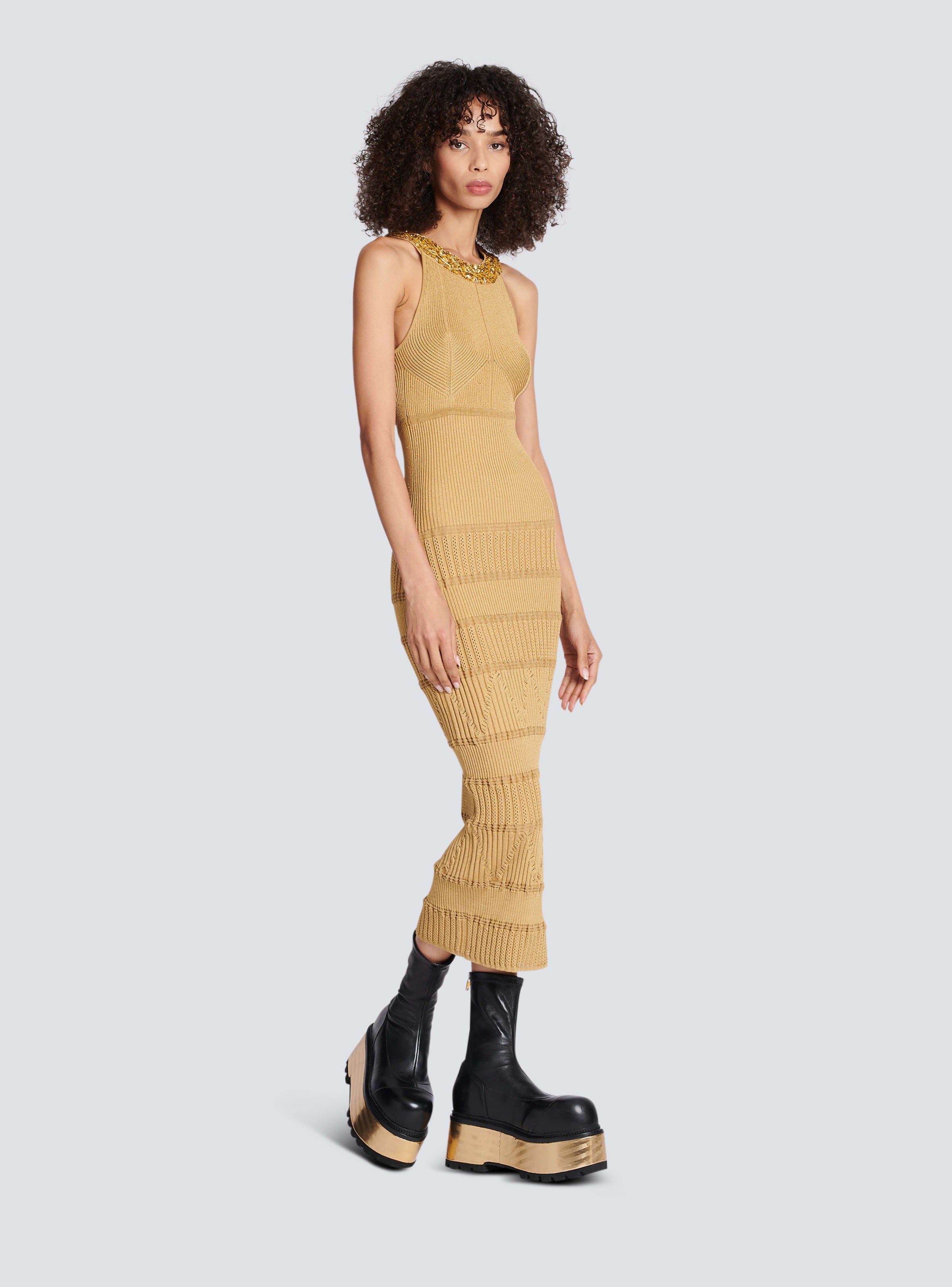 BALMAIN WOMEN'S EMBROIDERED COLLAR KNIT MIDI DRESS NWT