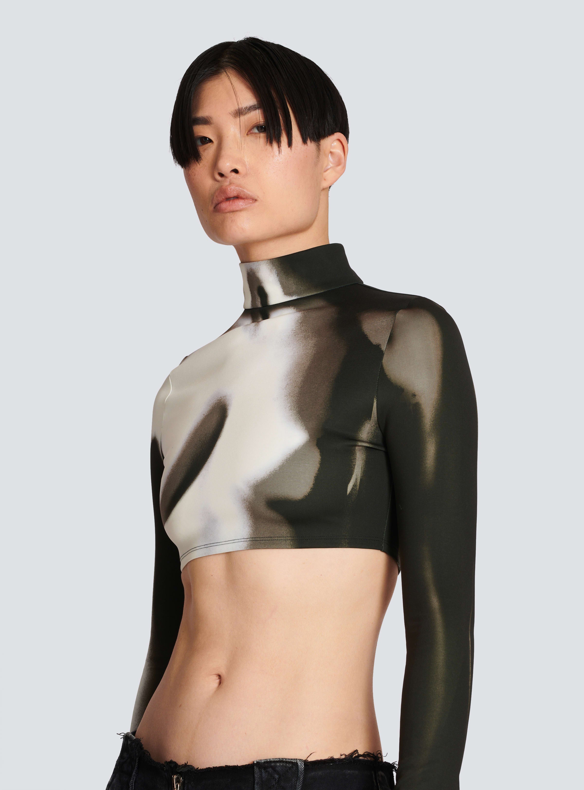 BALMAIN WOMEN'S LS BODY PRINT JERSEY CROPPED TOP NWT