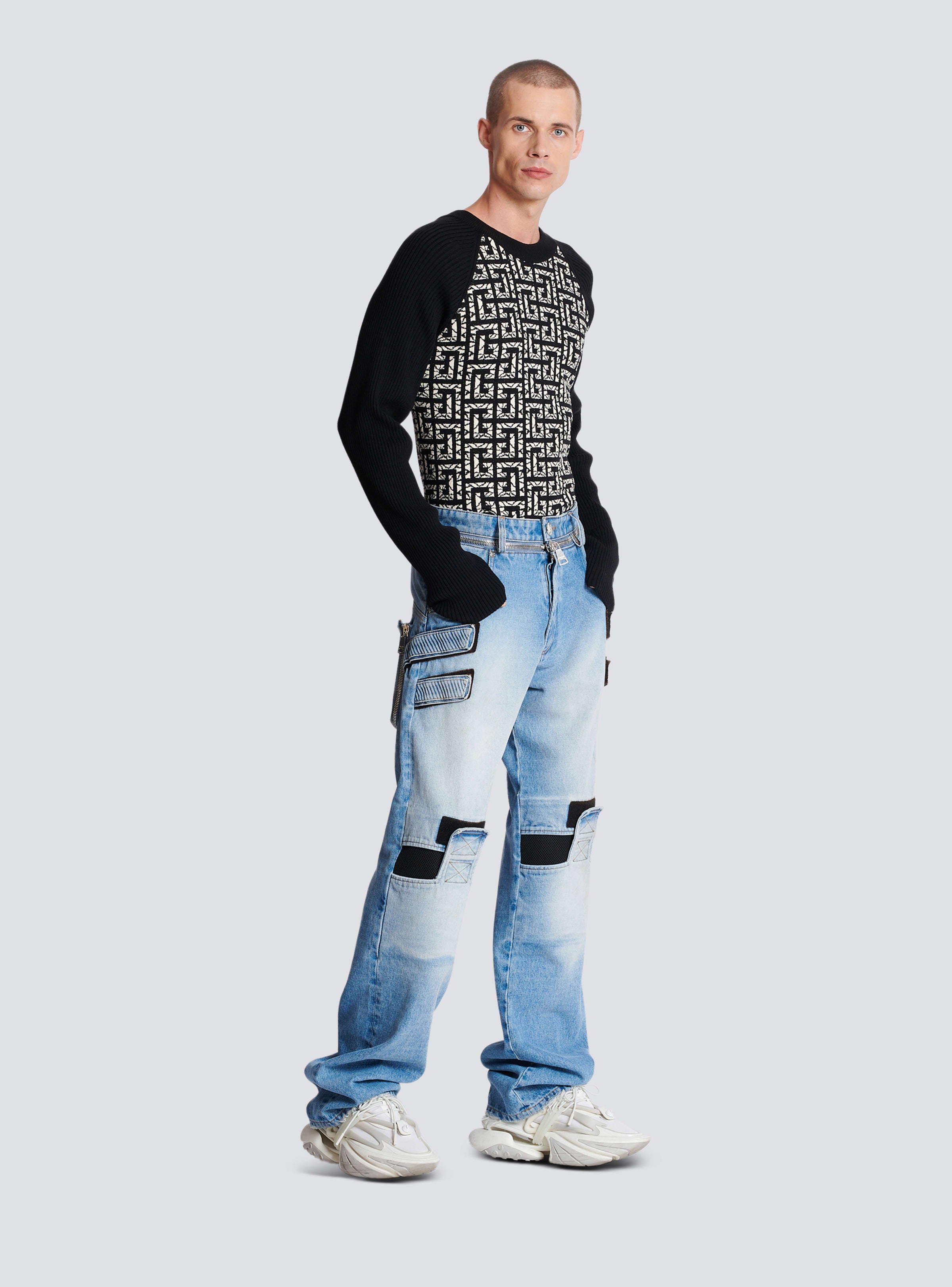 BALMAIN MEN'S KNEE PATCH LOOSE BLUE DENIM PANTS NWT