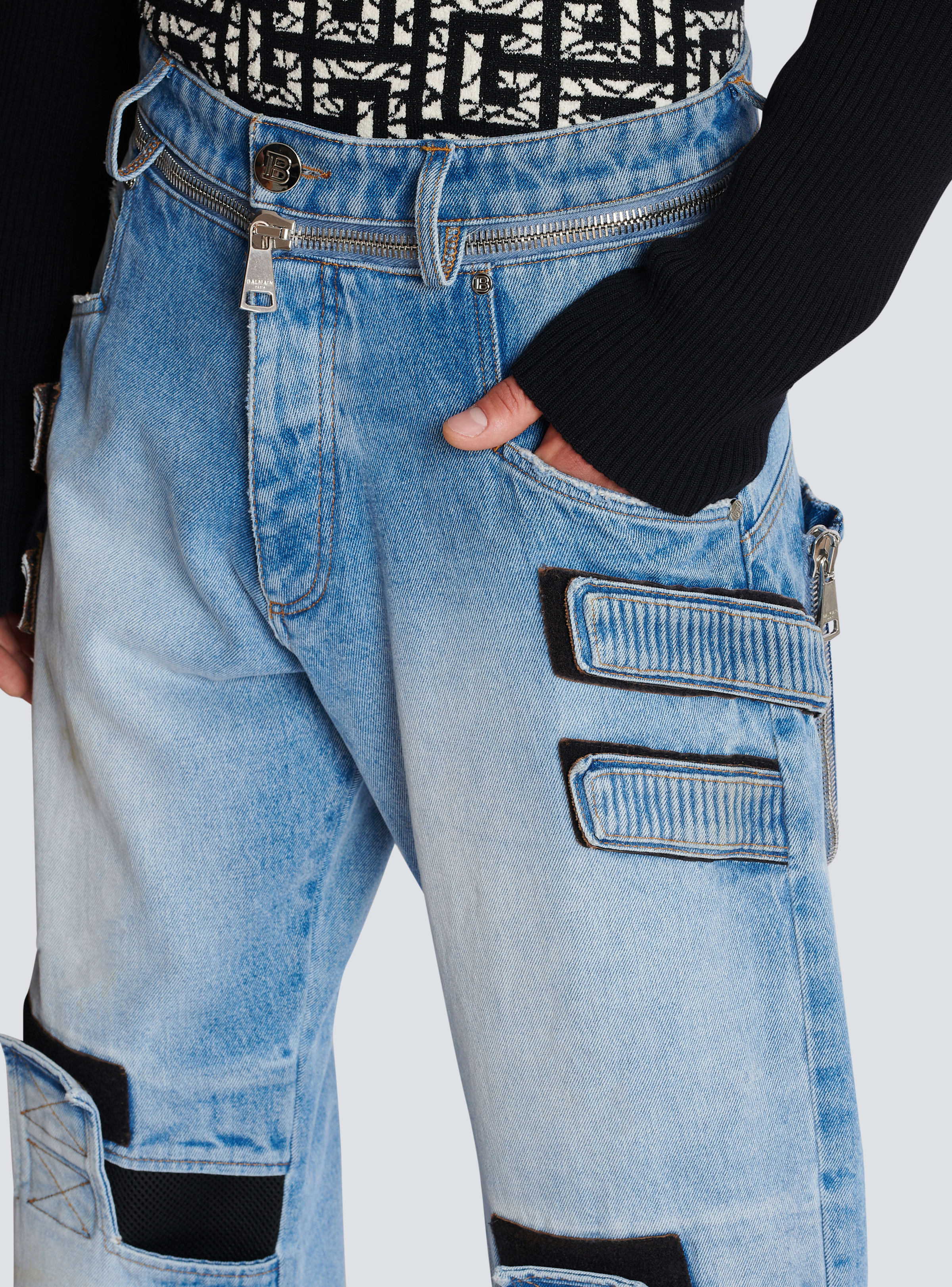 BALMAIN MEN'S KNEE PATCH LOOSE BLUE DENIM PANTS NWT