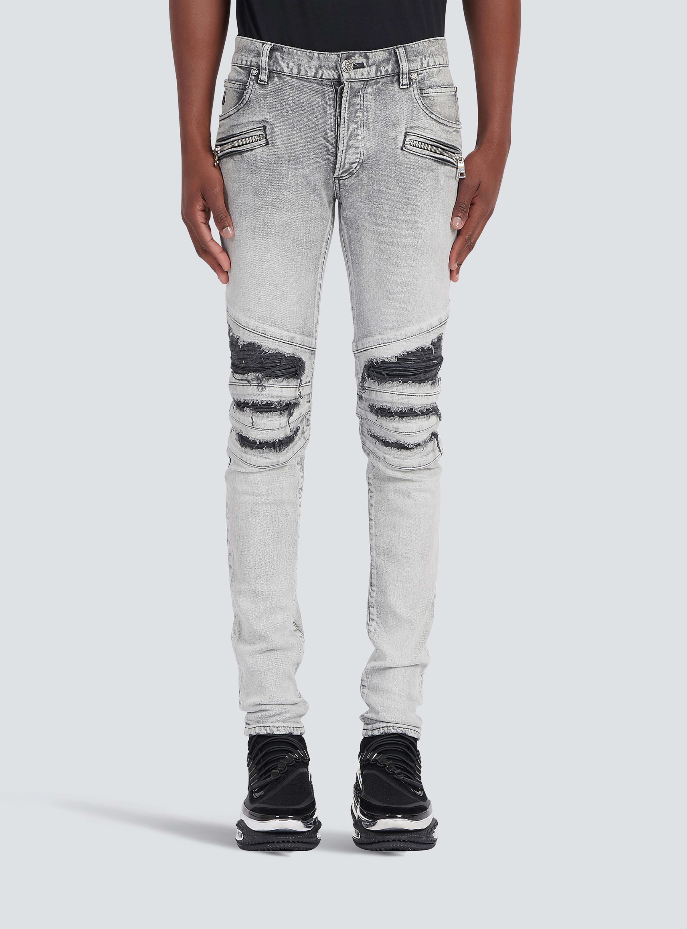 BALMAIN MEN'S RIBBED PATCHES SLIM JEANS-BLEACHED NWT