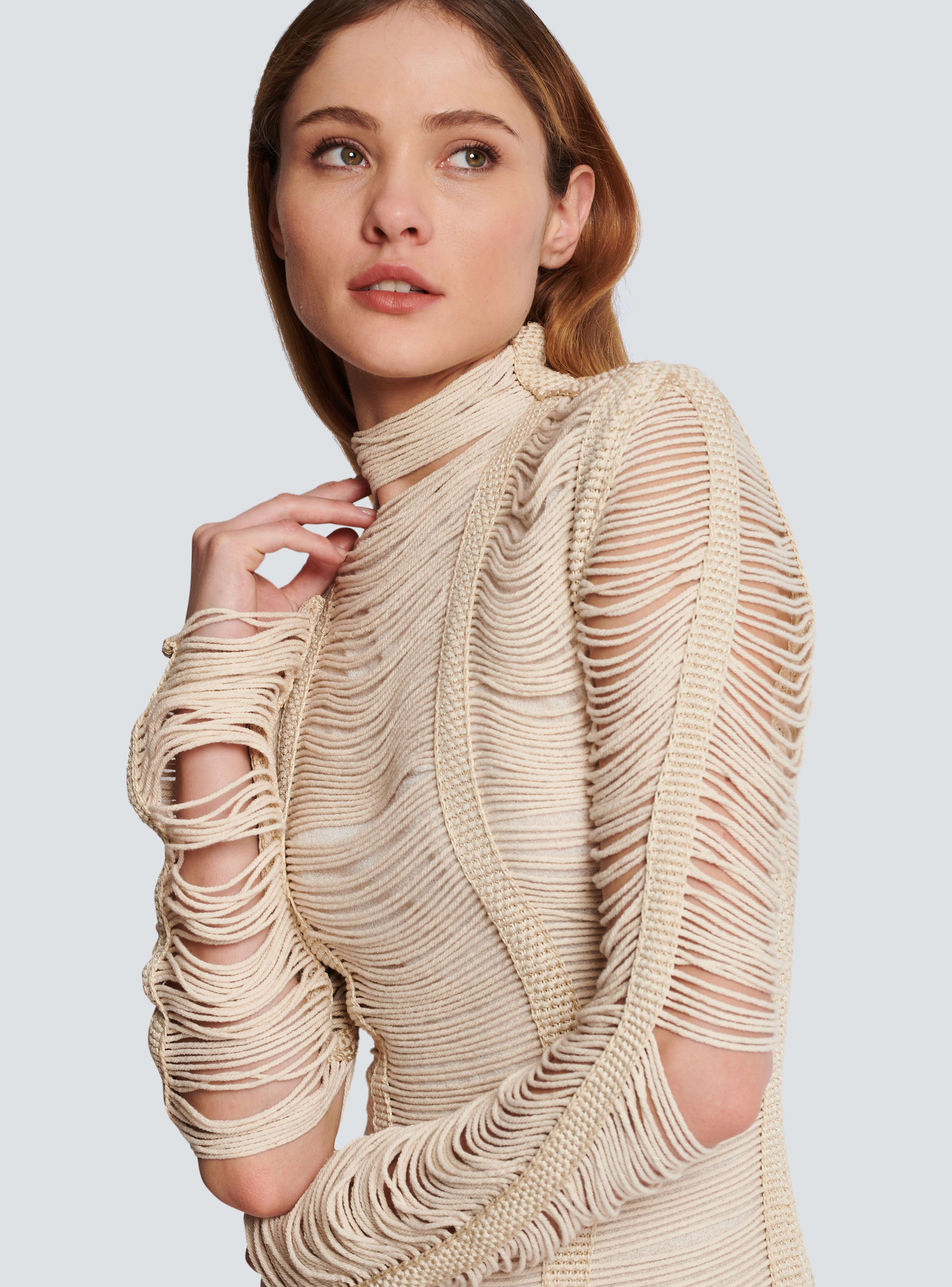 BALMAIN WOMEN'S NATURAL MACRAME KNIT LONG DRESS
