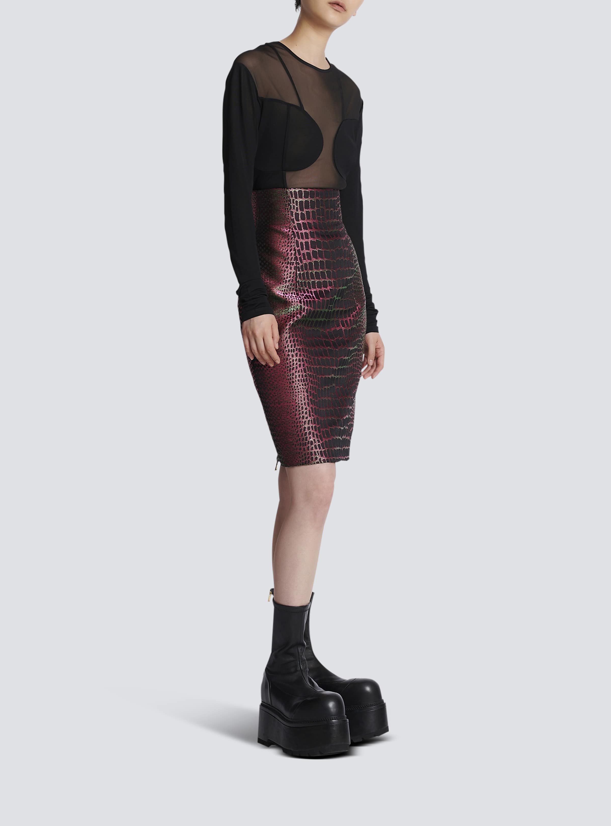 BALMAIN WOMEN'S HW IRIDESCENT CROCO JACQUARD KNEE SKIRT NWT