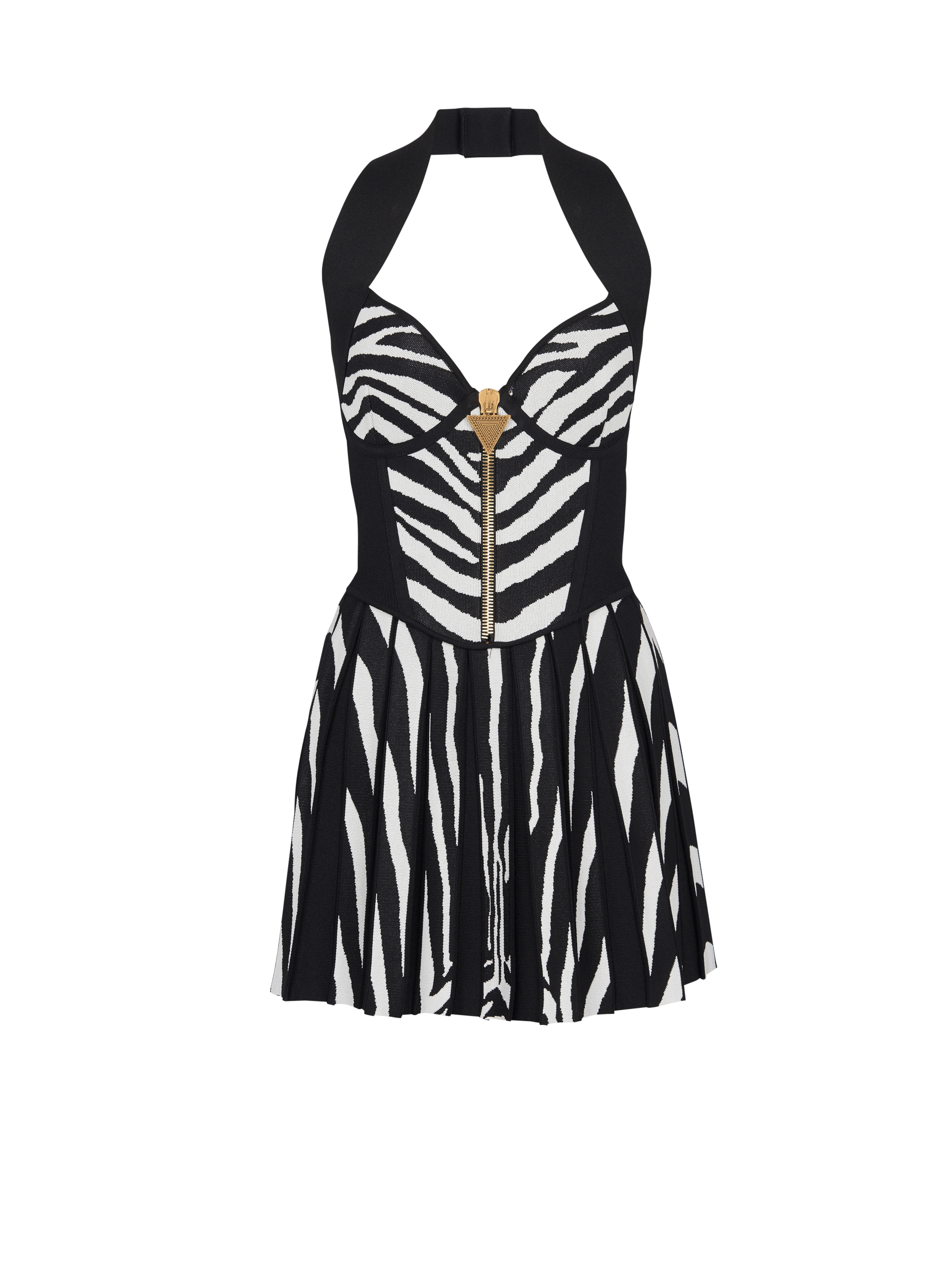 BALMAIN WOMEN'S ZEBRA JACQUARD KNIT PLEATED SHORT DRESS NWT