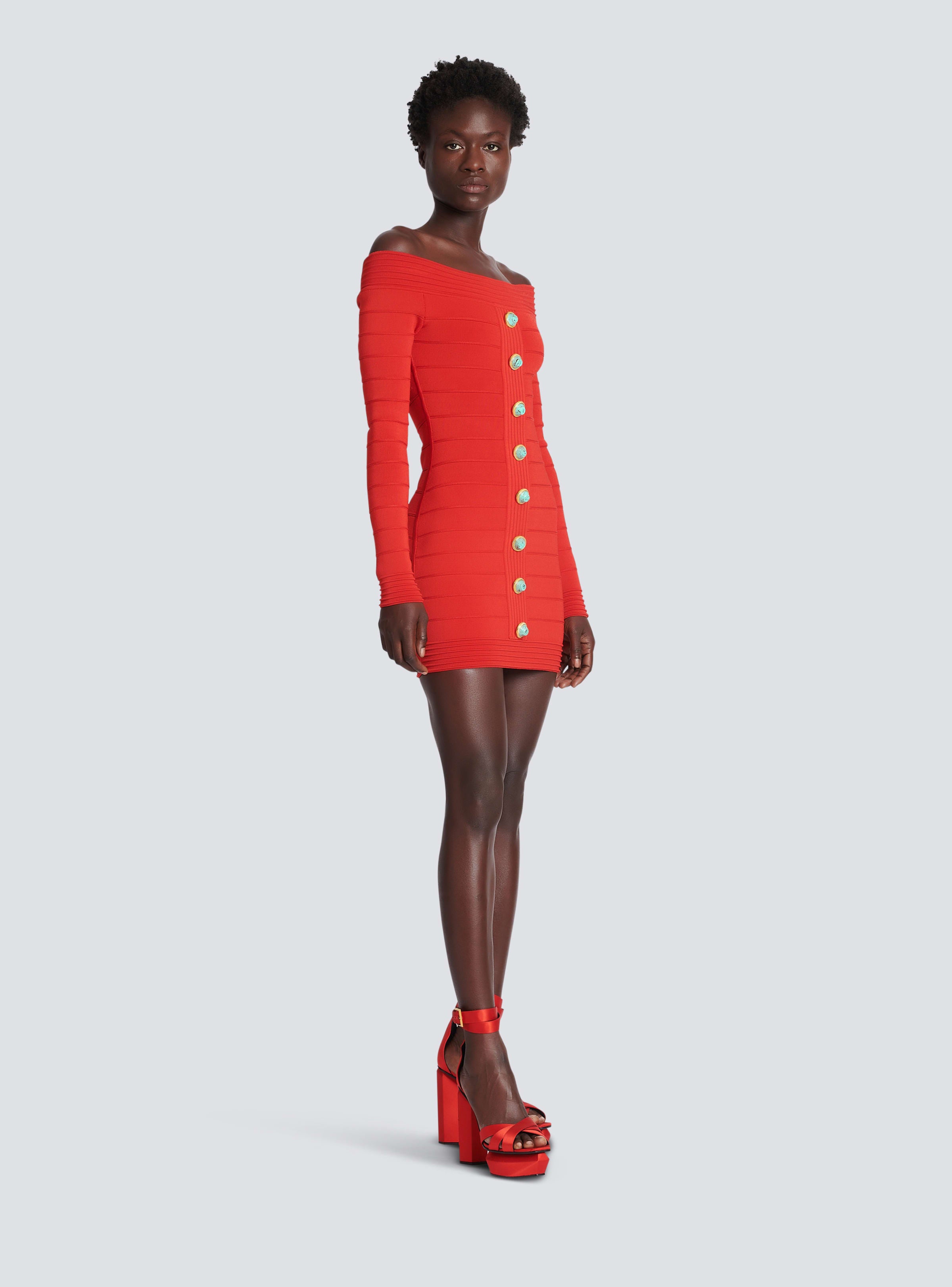 BALMAIN WOMEN'S LS OFF SHOULDER RIBBED KNIT SHORT DRESS NWT