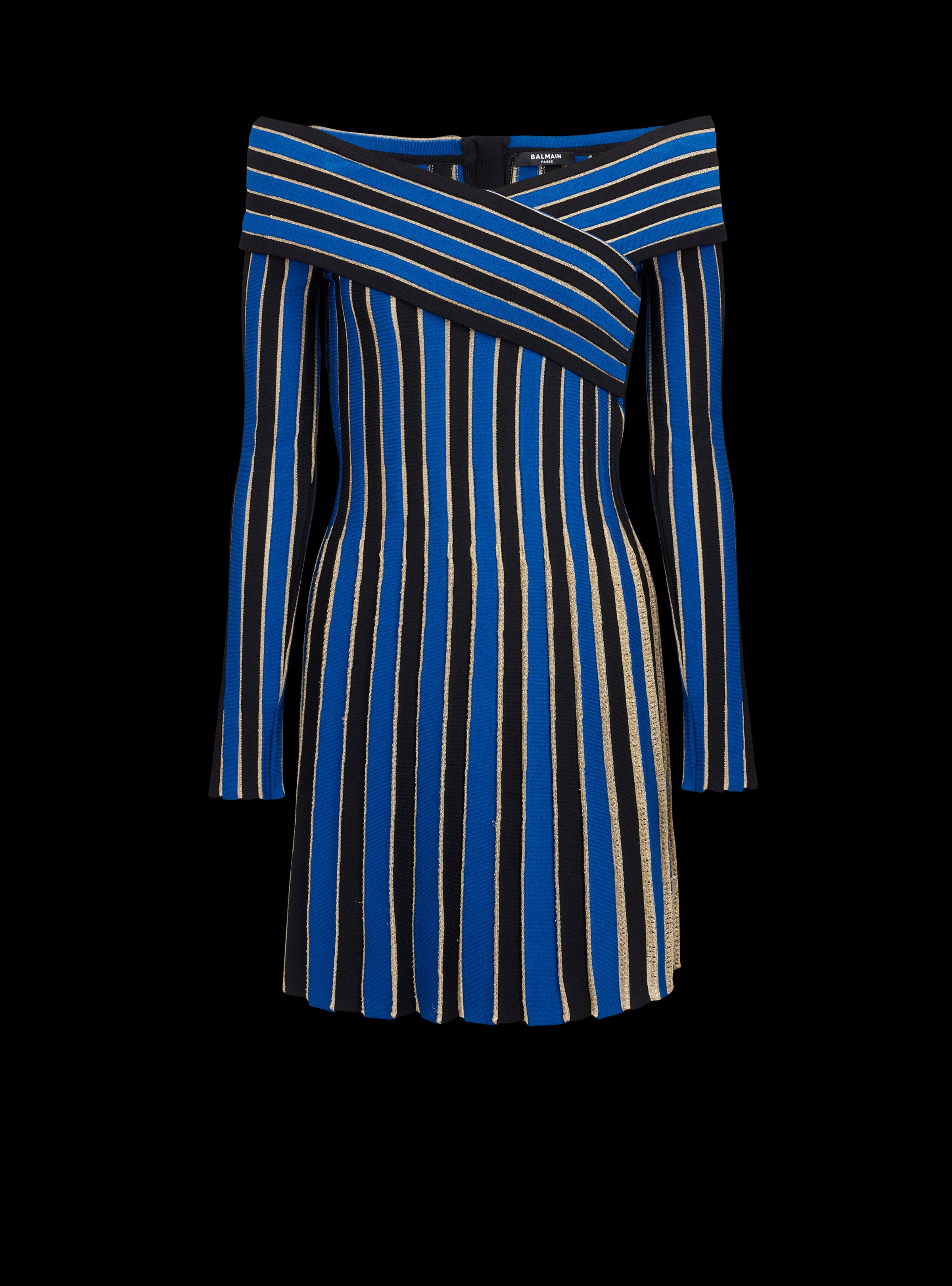 BALMAIN WOMEN'S LS OFF SHOULDER LUREX KNIT PLEATED DRESS NWT