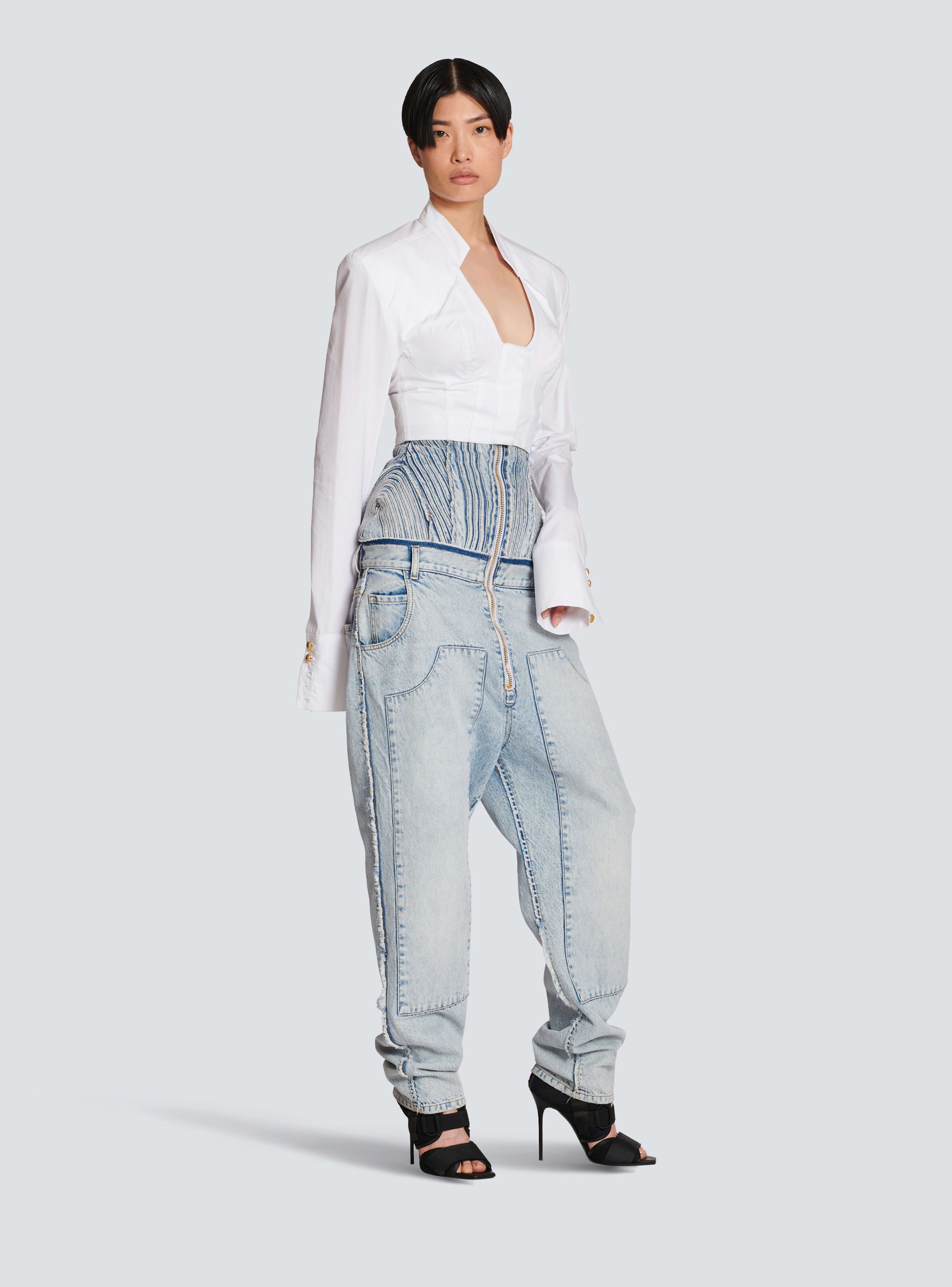 BALMAIN WOMEN'S LINGERIE CUT POPELINE CROPPED SHIRT NWT
