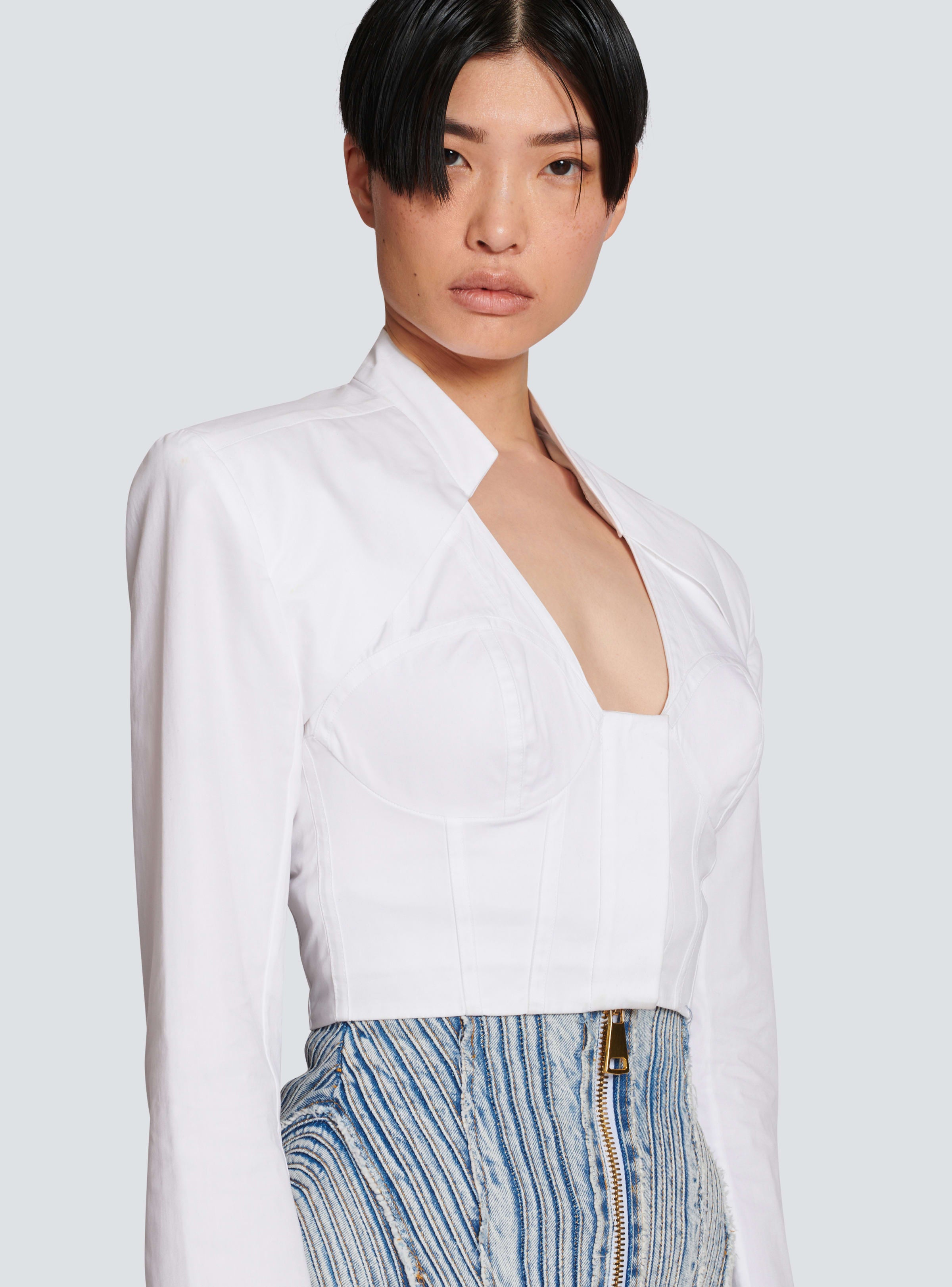 BALMAIN WOMEN'S LINGERIE CUT POPELINE CROPPED SHIRT NWT