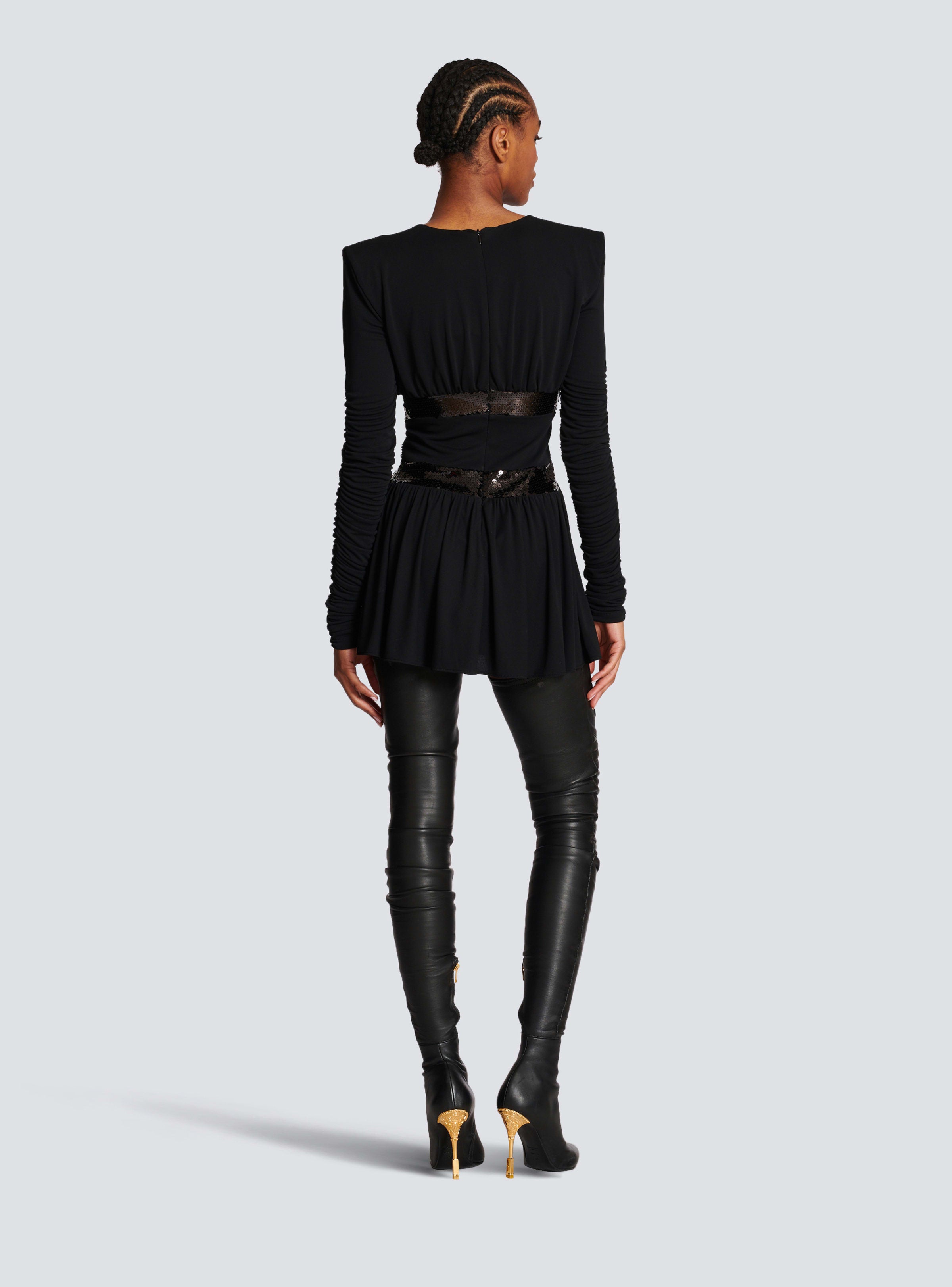 BALMAIN WOMEN'S LS V SEQUIN WAISTED JERSEY SHORT DRESS NWT
