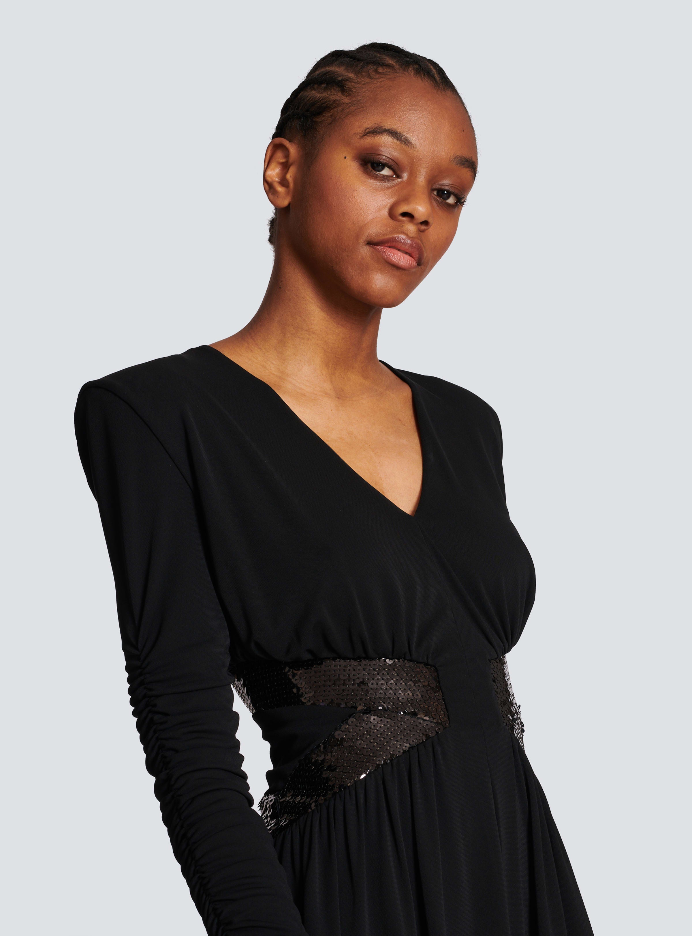 BALMAIN WOMEN'S LS V SEQUIN WAISTED JERSEY SHORT DRESS NWT